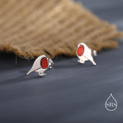 Enamel Robin Bird Stud Earrings in Sterling Silver – British Garden Bird, Nature-Inspired Animal Jewellery, Perfect Christmas Gift