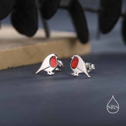 Enamel Robin Bird Stud Earrings in Sterling Silver – British Garden Bird, Nature-Inspired Animal Jewellery, Perfect Christmas Gift