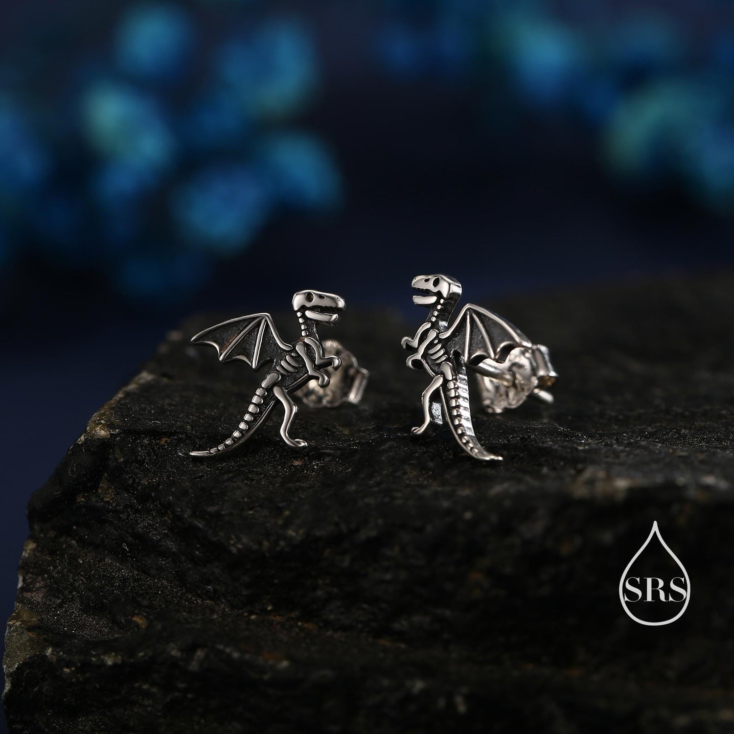 Oxidised Sterling Silver Dragon Fossil Stud Earrings, Oxidised Silver Finish Dino Stud, Quirky Dinosaur Stud, Dinosaur Earrings,