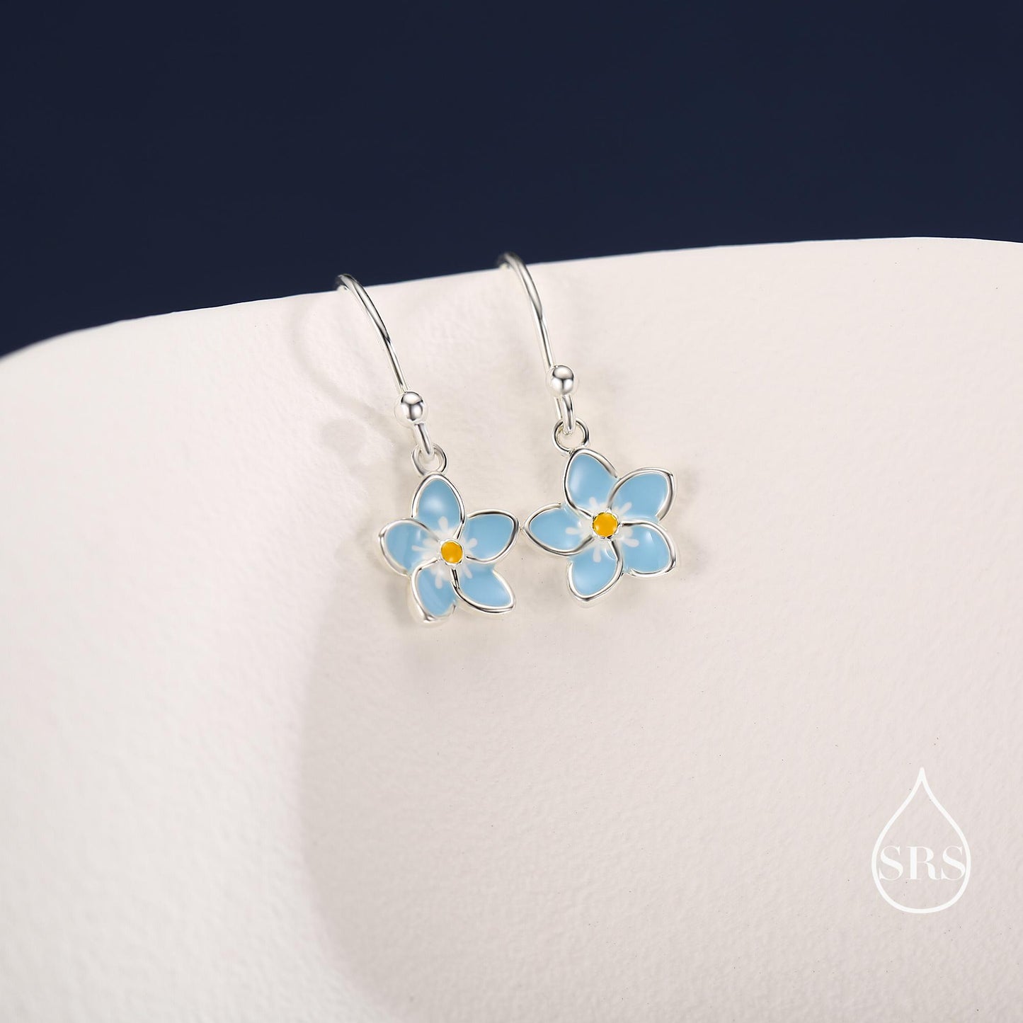 Sterling Silver Dainty Enamel Forget-me-not Flower Drop Hook Earrings, Dainty Dangle Forget Me Not Flower Earrings