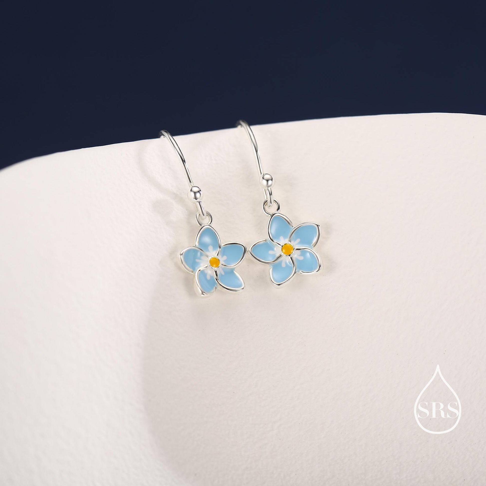Sterling Silver Dainty Enamel Forget-me-not Flower Drop Hook Earrings, Dainty Dangle Forget Me Not Flower Earrings