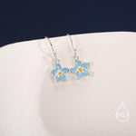 Sterling Silver Dainty Enamel Forget-me-not Flower Drop Hook Earrings, Dainty Dangle Forget Me Not Flower Earrings