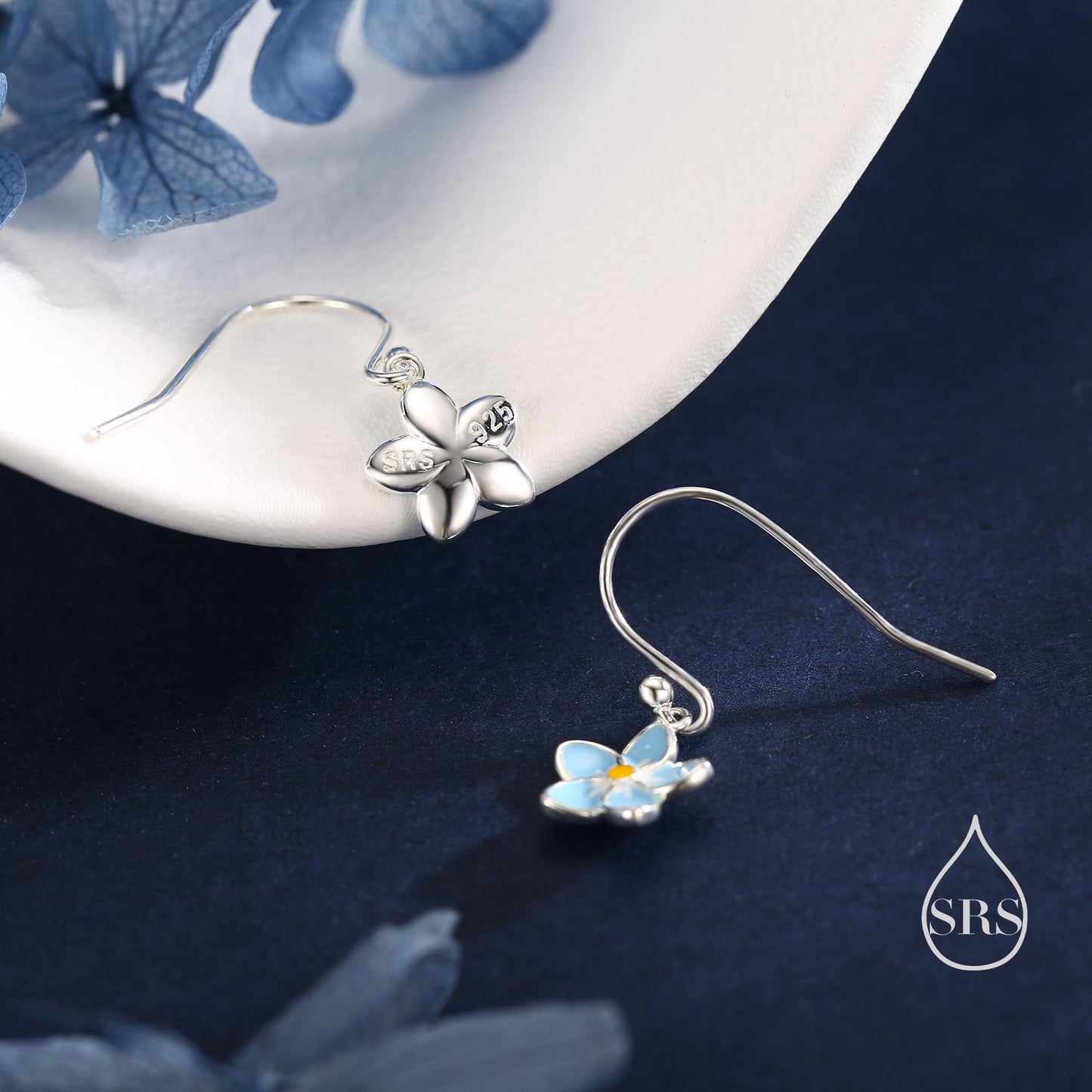 Sterling Silver Dainty Enamel Forget-me-not Flower Drop Hook Earrings, Dainty Dangle Forget Me Not Flower Earrings