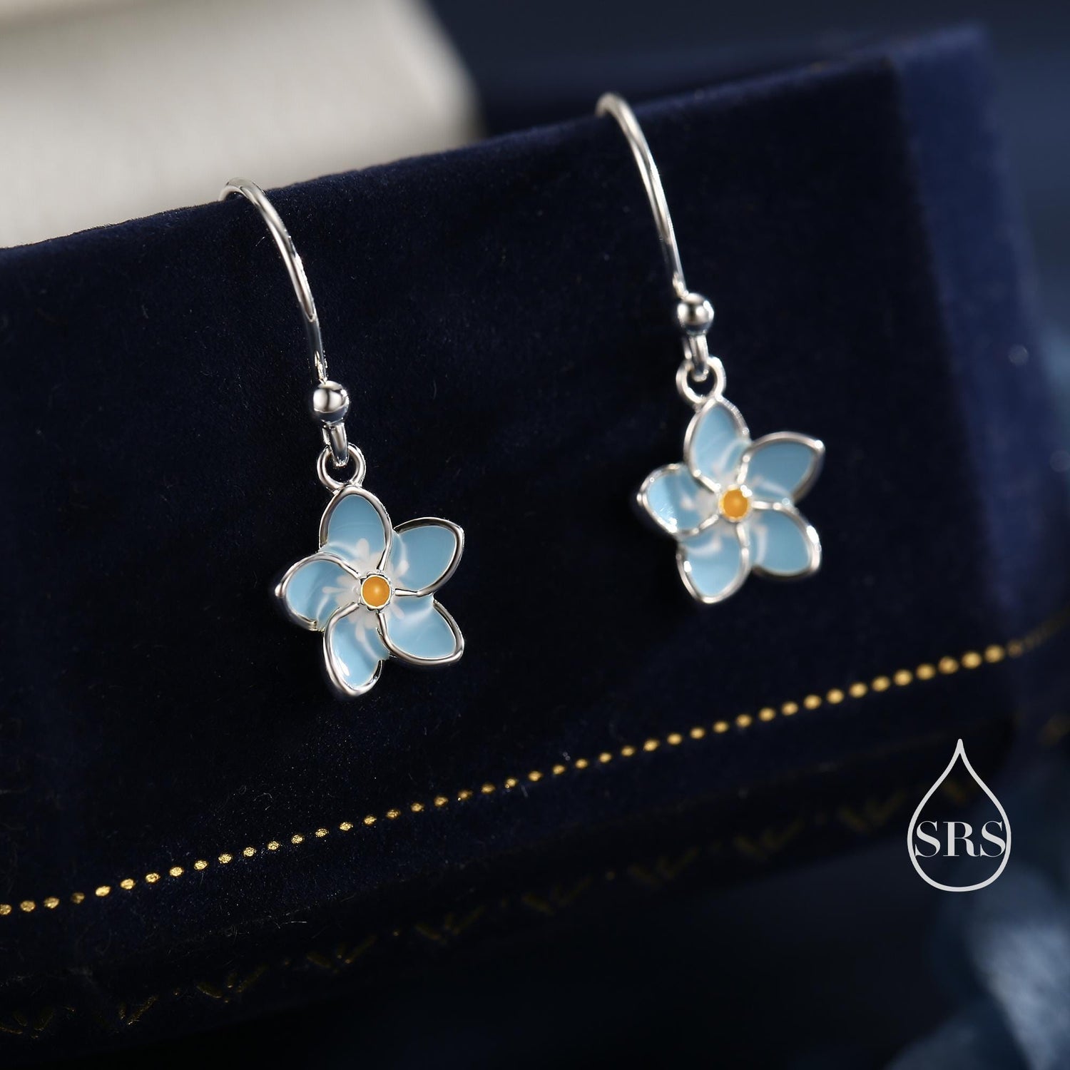 Sterling Silver Dainty Enamel Forget-me-not Flower Drop Hook Earrings, Dainty Dangle Forget Me Not Flower Earrings