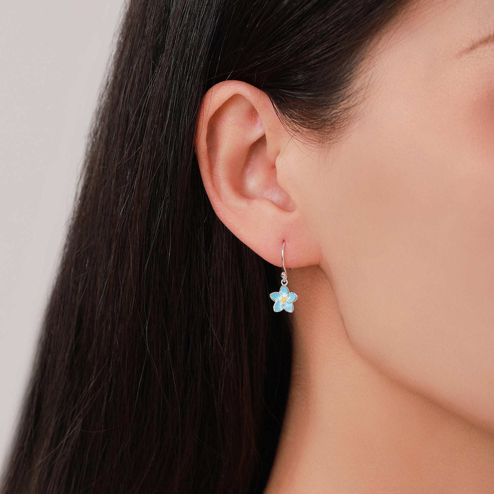 Sterling Silver Dainty Enamel Forget-me-not Flower Drop Hook Earrings, Dainty Dangle Forget Me Not Flower Earrings