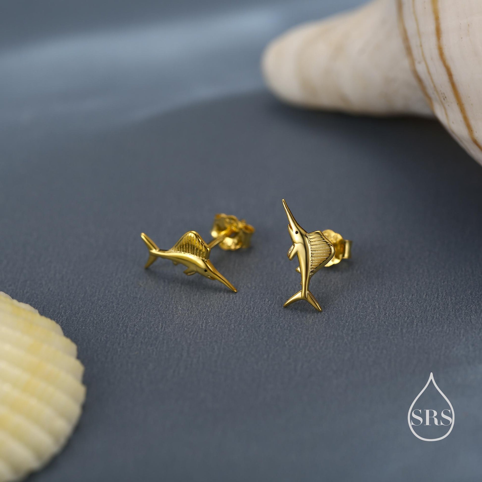 Tiny Sword Fish Stud Earrings in Sterling Silver, Silver or Gold or Rose Gold, Sword Fish Earrings, Ocean Creature Stud Earrings