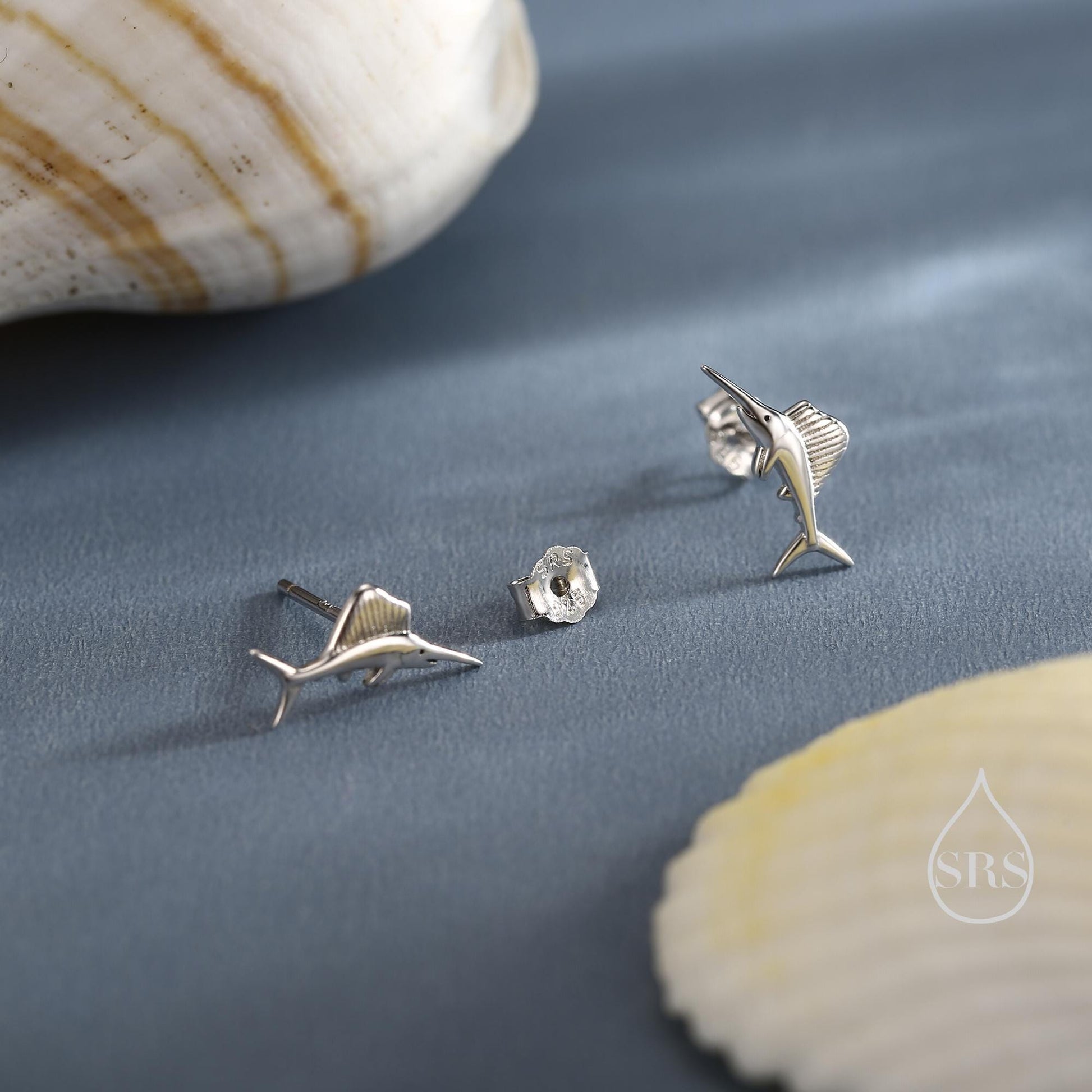 Tiny Sword Fish Stud Earrings in Sterling Silver, Silver or Gold or Rose Gold, Sword Fish Earrings, Ocean Creature Stud Earrings