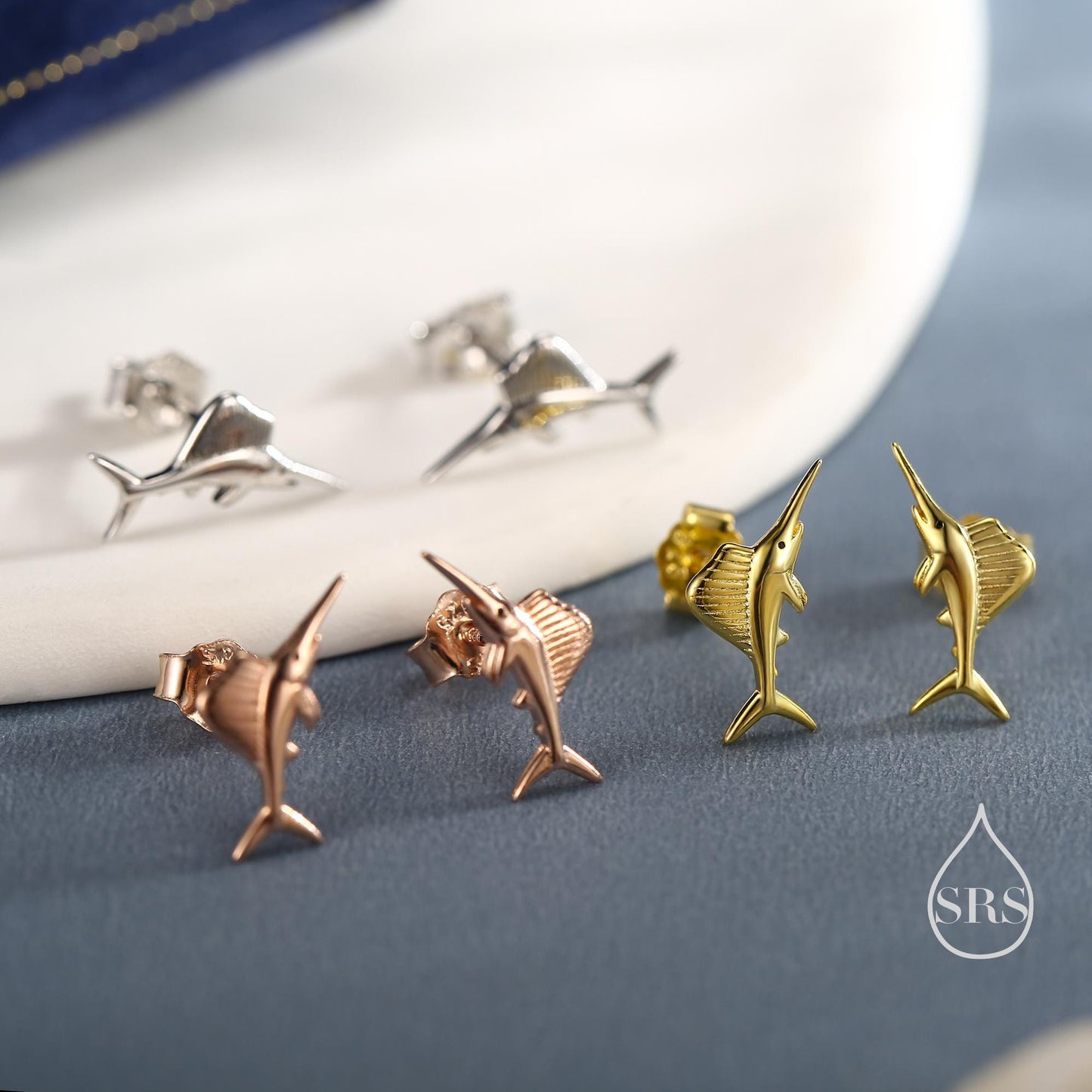 Tiny Sword Fish Stud Earrings in Sterling Silver, Silver or Gold or Rose Gold, Sword Fish Earrings, Ocean Creature Stud Earrings
