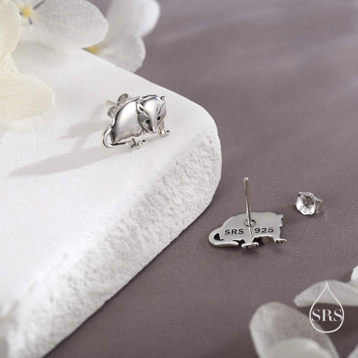 Opposum Stud Earrings in Sterling Silver, Silver or Gold or Rose Gold, Cute Opposum Mouse Earrings, Silver Rodent Earrings