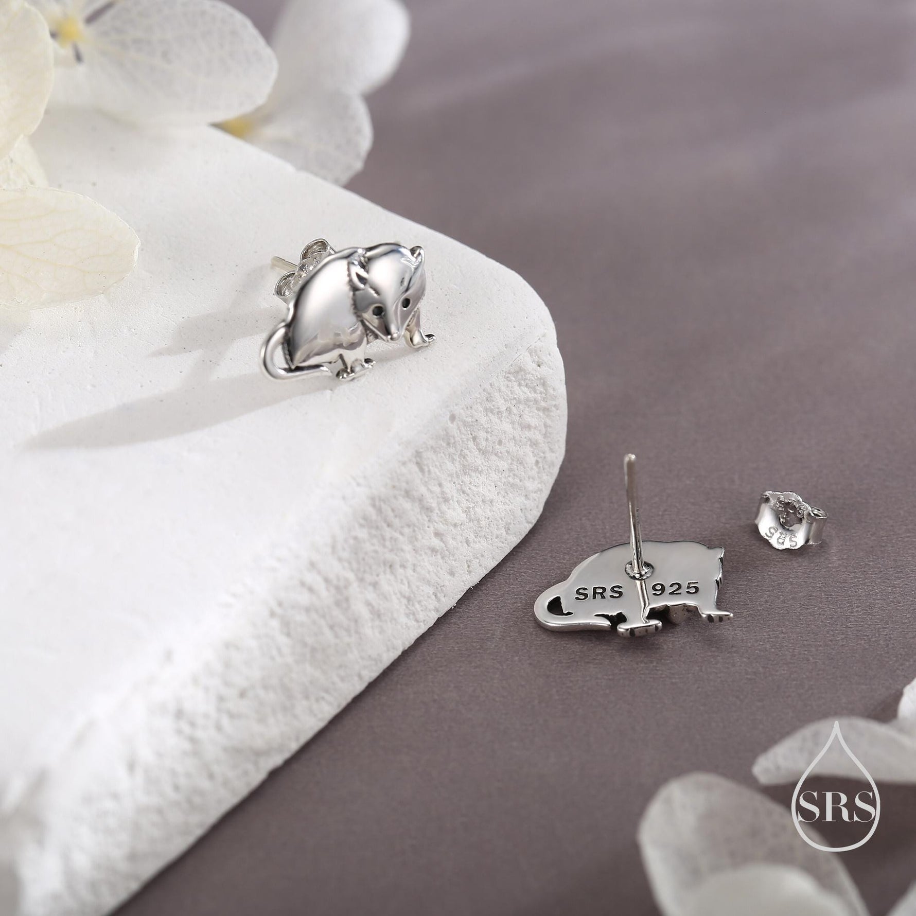 Opposum Stud Earrings in Sterling Silver, Silver or Gold or Rose Gold, Cute Opposum Mouse Earrings, Silver Rodent Earrings