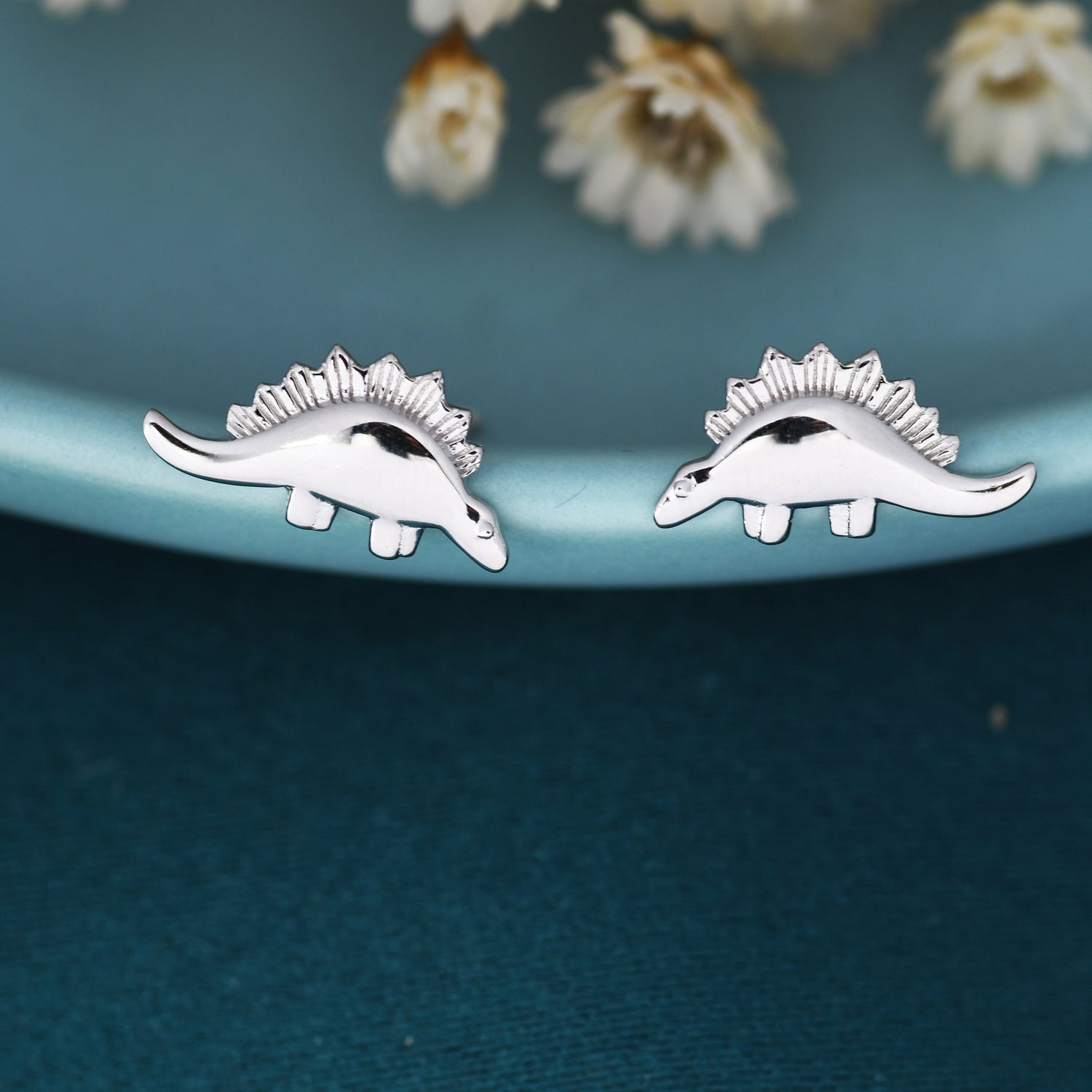 Super Cute Little Stegosaurus Dinosaur Stud Earrings in Sterling Silver