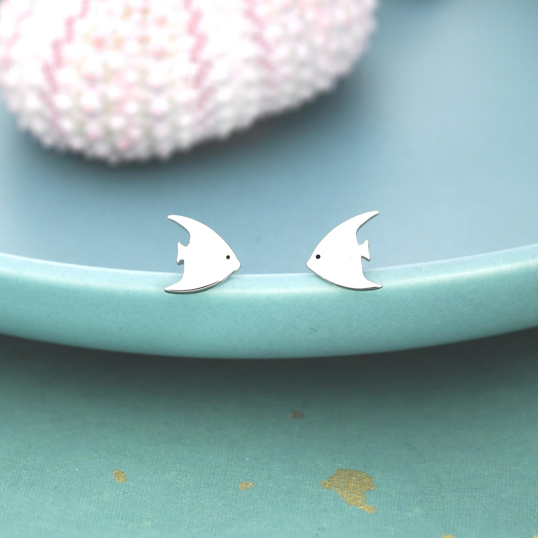 Angelfish Stud Earrings in Sterling Silver, Tropical Fish Earrings, Nature Inspired Animal Earrings