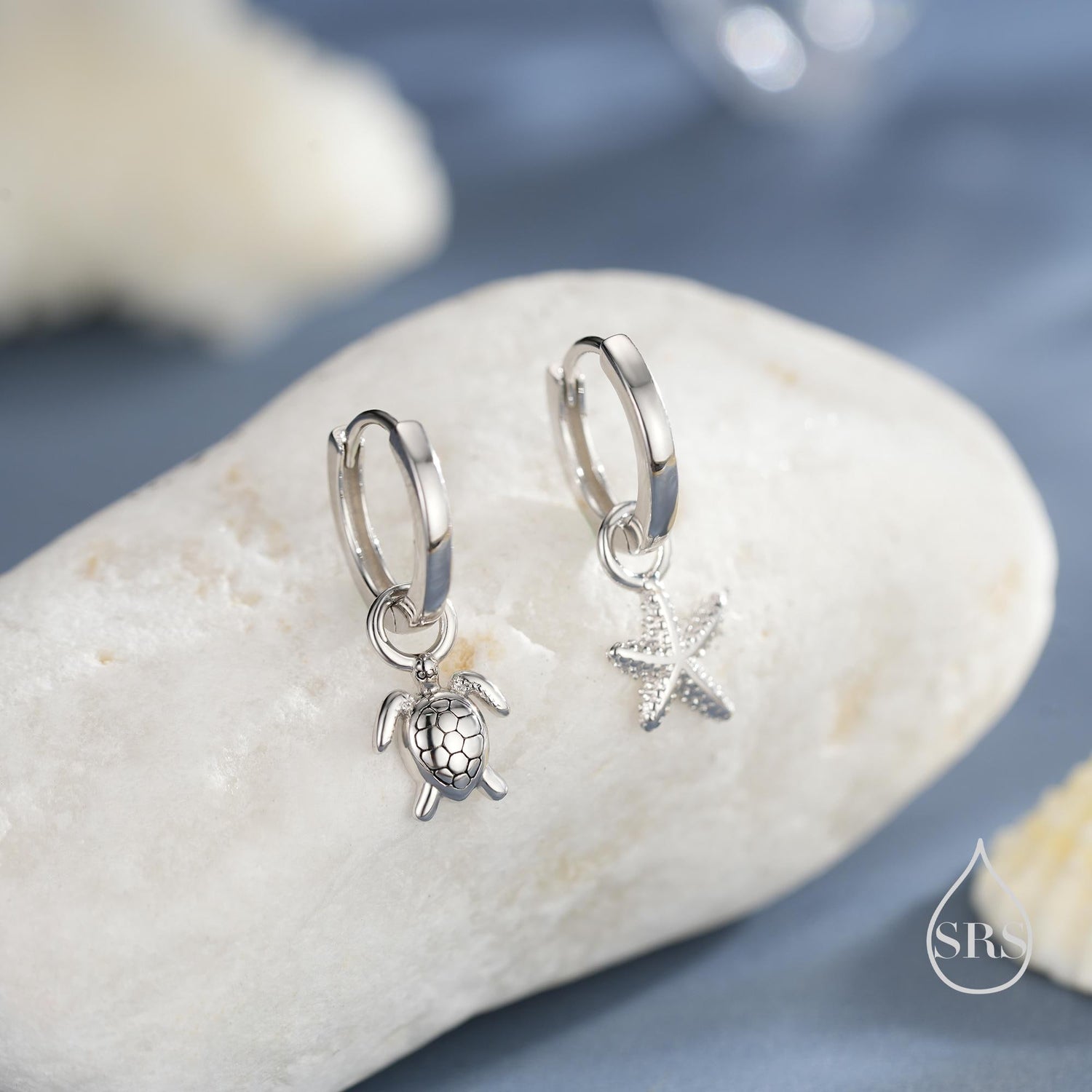 Sterling Silver Mismatched Sea Turtle and Starfish Huggie Hoops, Silver, Gold or Rose Gold, Detachable Turtle and Sea Star Hoop Earrings