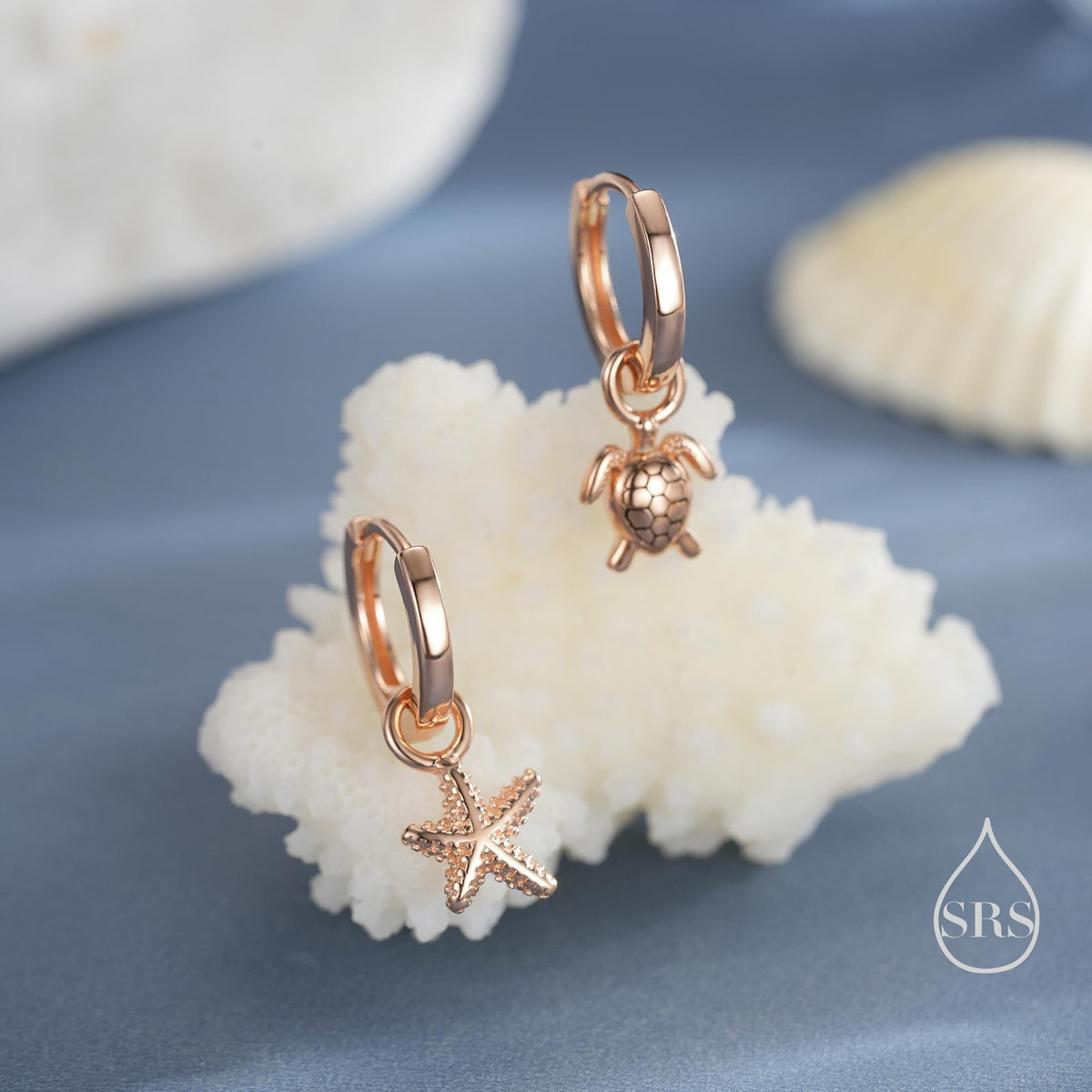 Sterling Silver Mismatched Sea Turtle and Starfish Huggie Hoops, Silver, Gold or Rose Gold, Detachable Turtle and Sea Star Hoop Earrings