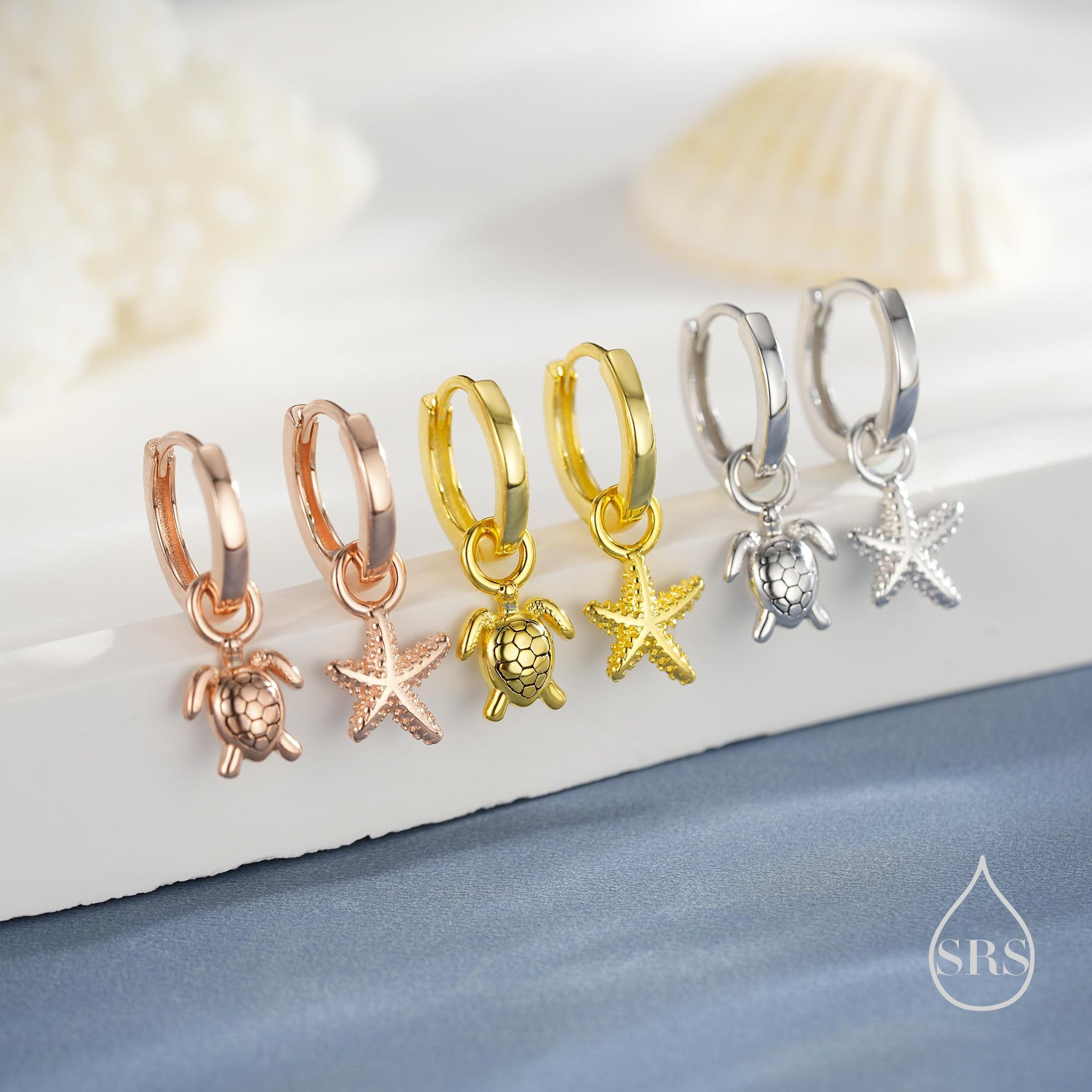 Sterling Silver Mismatched Sea Turtle and Starfish Huggie Hoops, Silver, Gold or Rose Gold, Detachable Turtle and Sea Star Hoop Earrings
