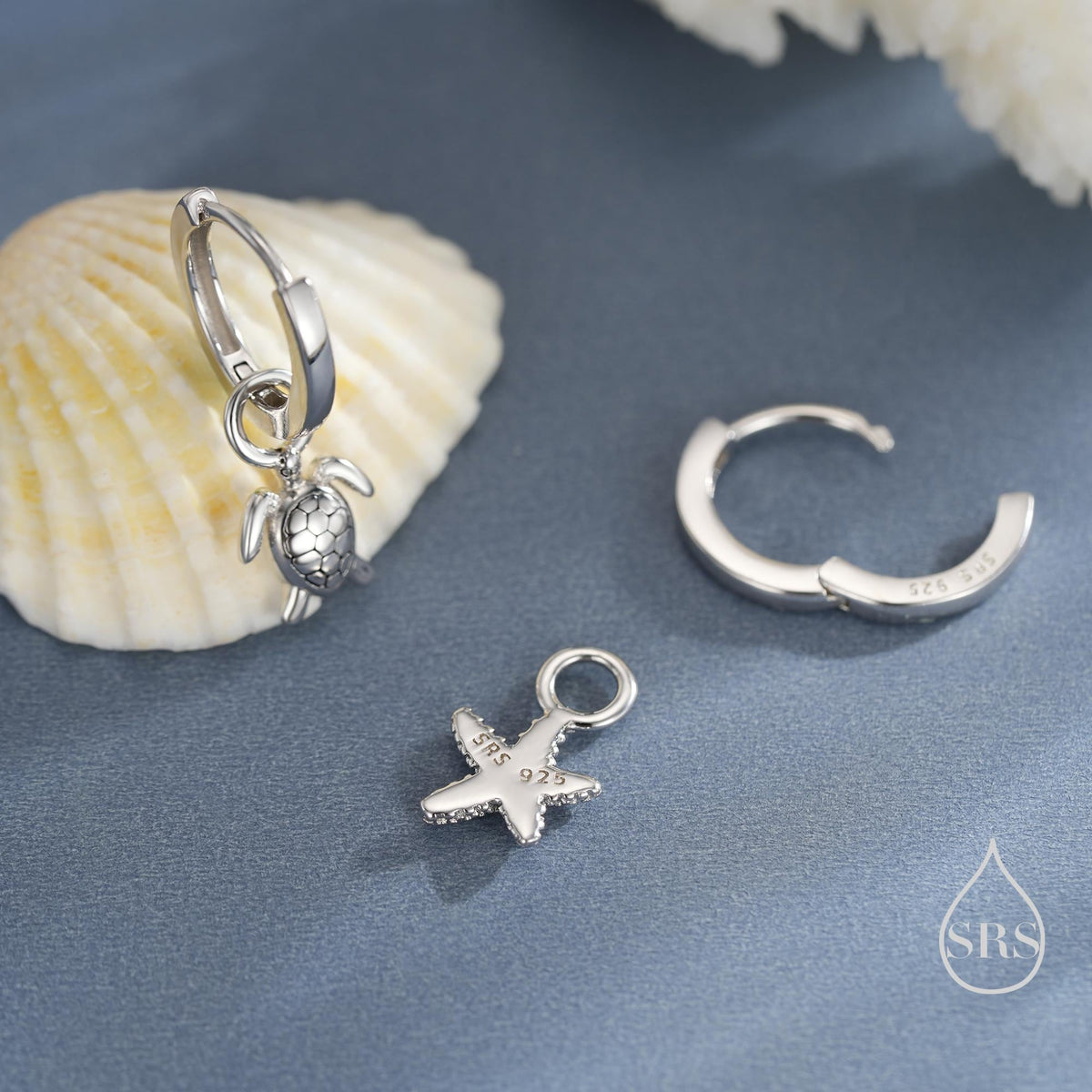 Sterling Silver Mismatched Sea Turtle and Starfish Huggie Hoops, Silver, Gold or Rose Gold, Detachable Turtle and Sea Star Hoop Earrings