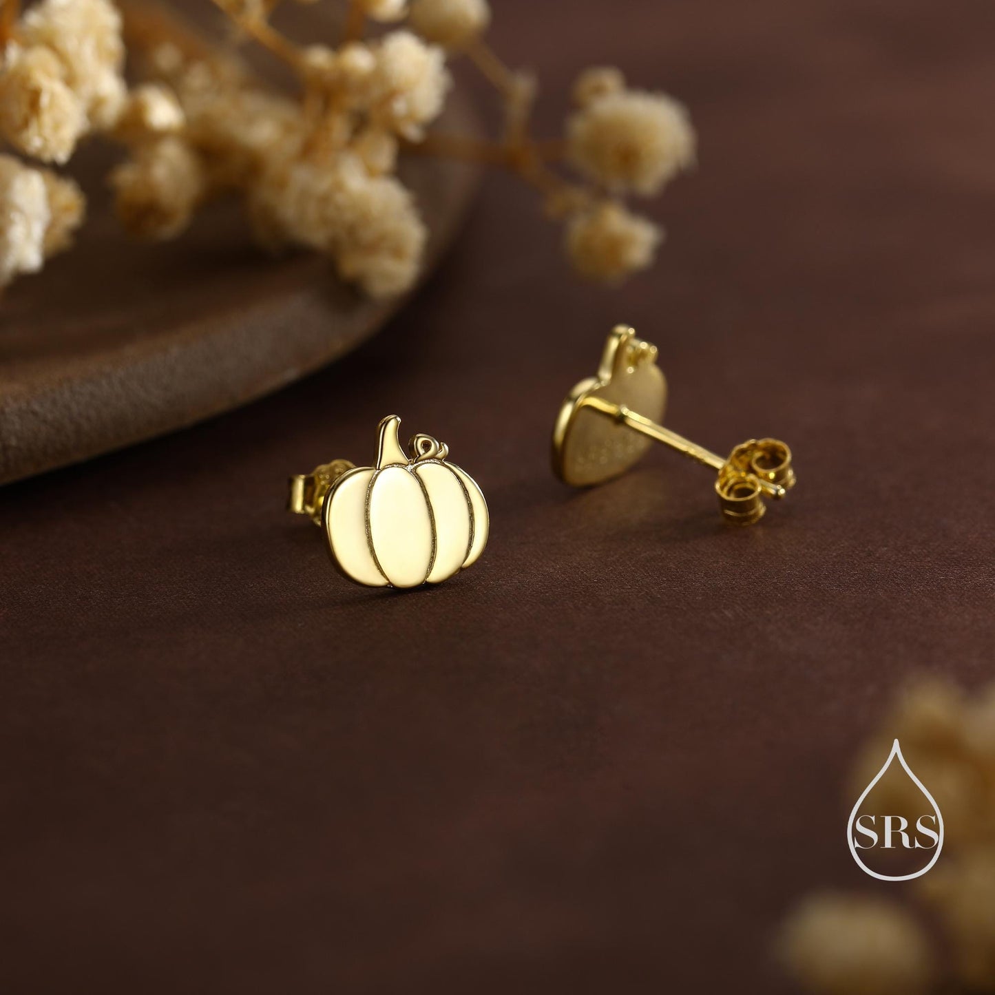Pumpkin Internally Threaded Flat Back /Stud Earrings in Sterling Silver, Silver, Gold or Rose Gold, Tiny Pumpkin Earrings