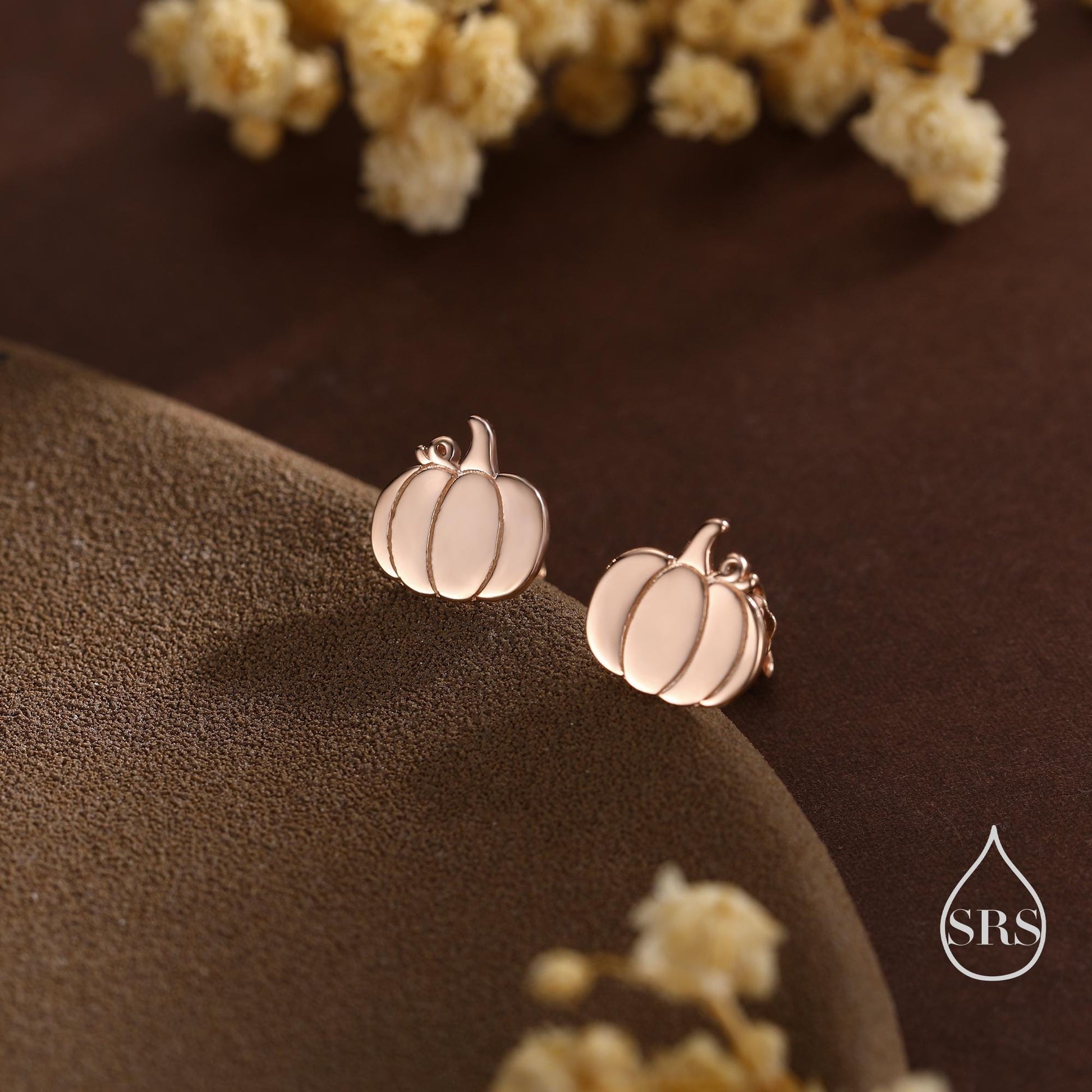 Pumpkin Internally Threaded Flat Back /Stud Earrings in Sterling Silver, Silver, Gold or Rose Gold, Tiny Pumpkin Earrings