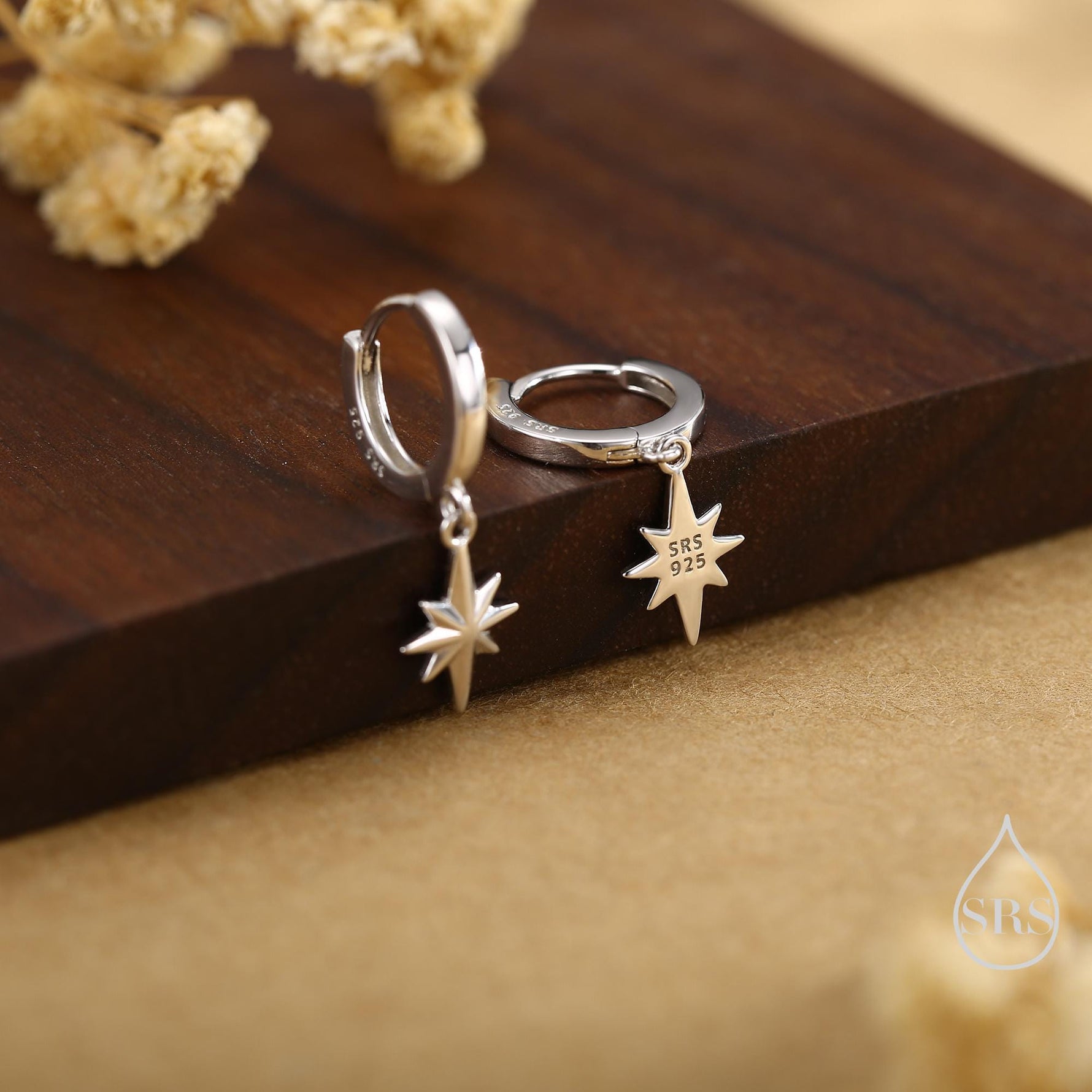 Starburst Huggie Hoop Earrings in Sterling Silver, Gold or Rose Gold, North Star Charm Earrings, Sunburst Earrings, Celestial Jewellery