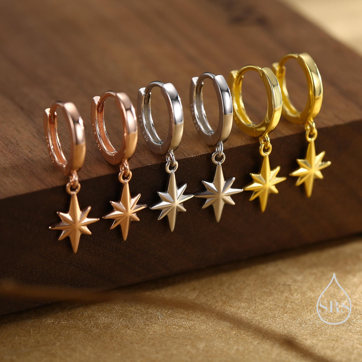 Starburst Huggie Hoop Earrings in Sterling Silver, Gold or Rose Gold, North Star Charm Earrings, Sunburst Earrings, Celestial Jewellery
