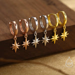 Starburst Huggie Hoop Earrings in Sterling Silver, Gold or Rose Gold, North Star Charm Earrings, Sunburst Earrings, Celestial Jewellery