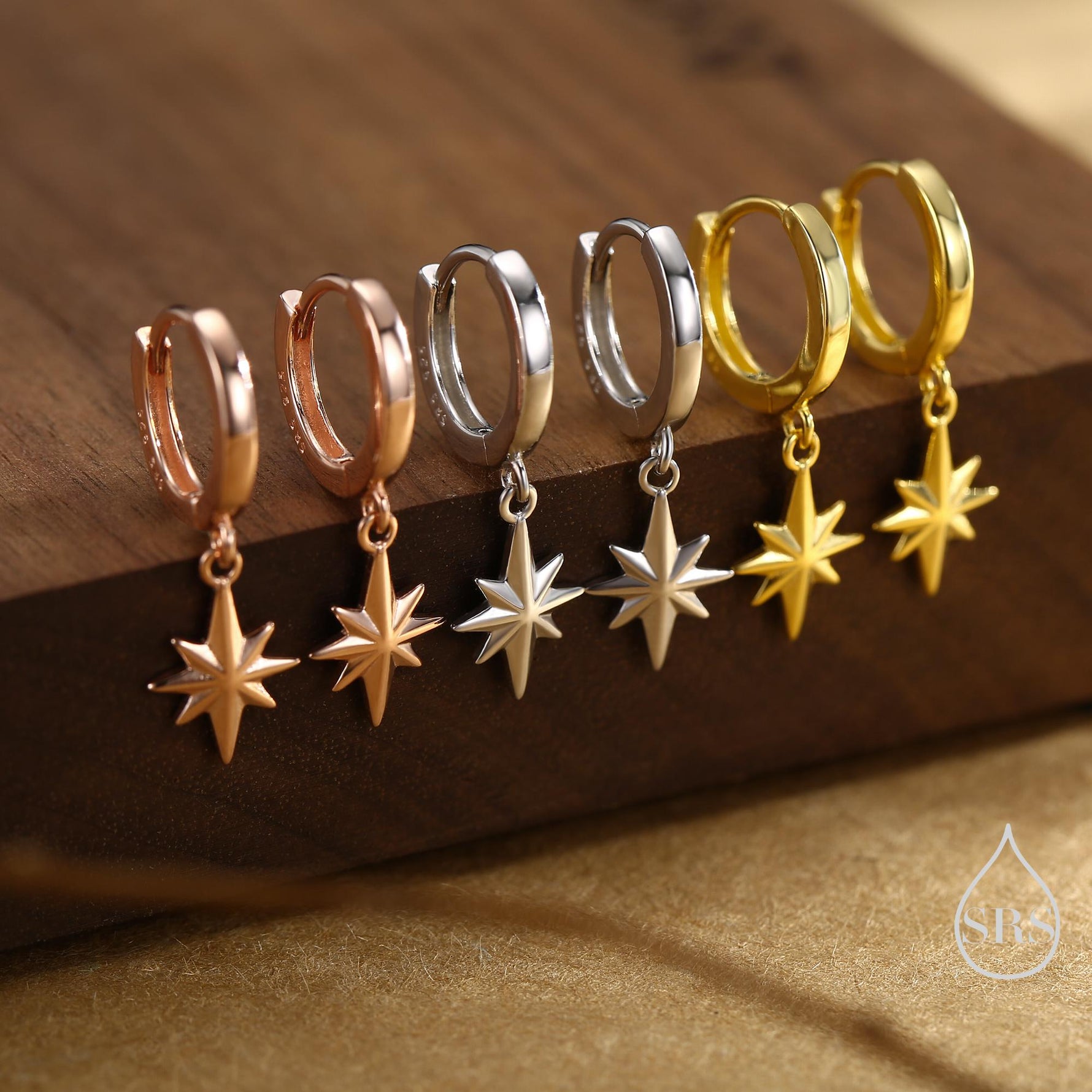 Starburst Huggie Hoop Earrings in Sterling Silver, Gold or Rose Gold, North Star Charm Earrings, Sunburst Earrings, Celestial Jewellery