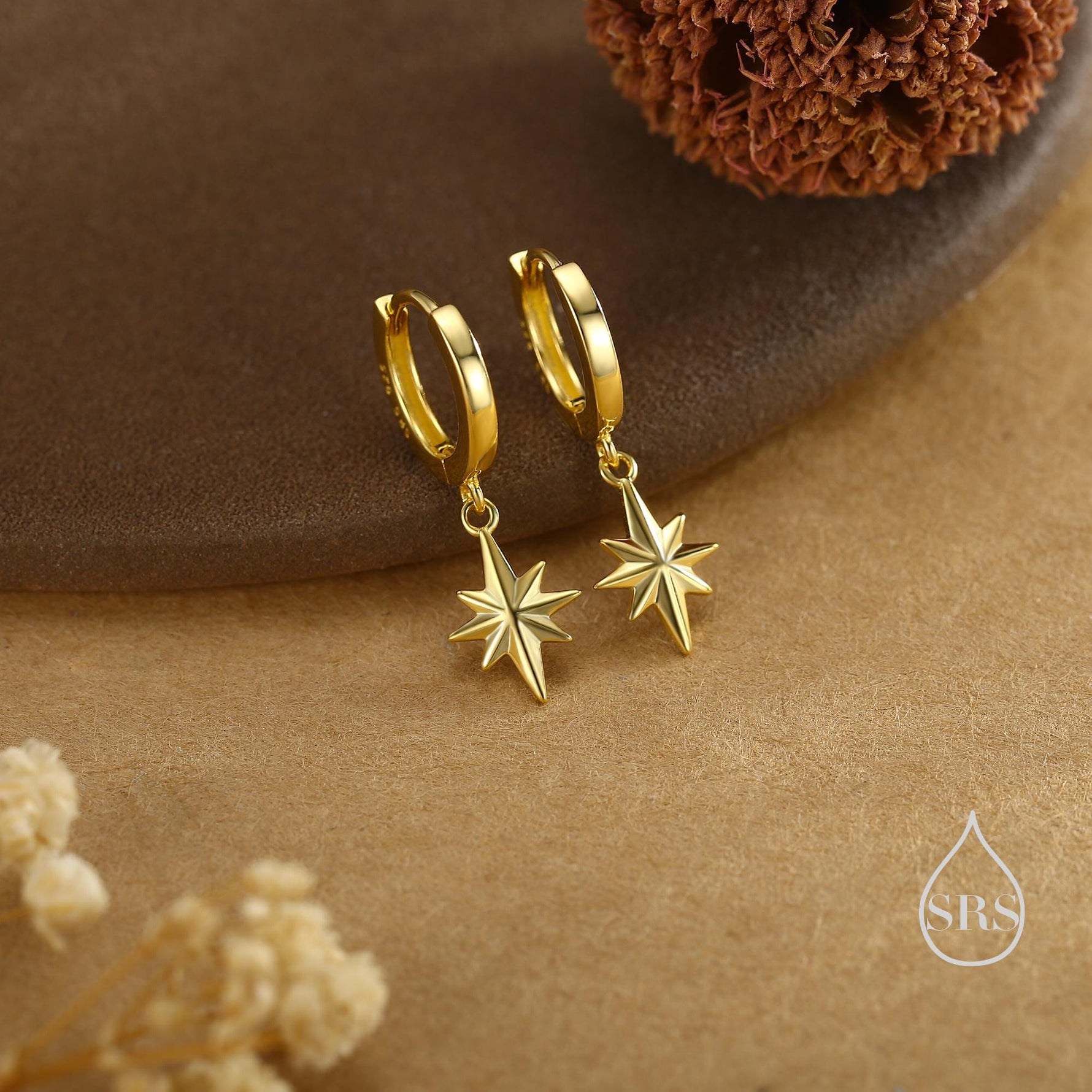 Starburst Huggie Hoop Earrings in Sterling Silver, Gold or Rose Gold, North Star Charm Earrings, Sunburst Earrings, Celestial Jewellery