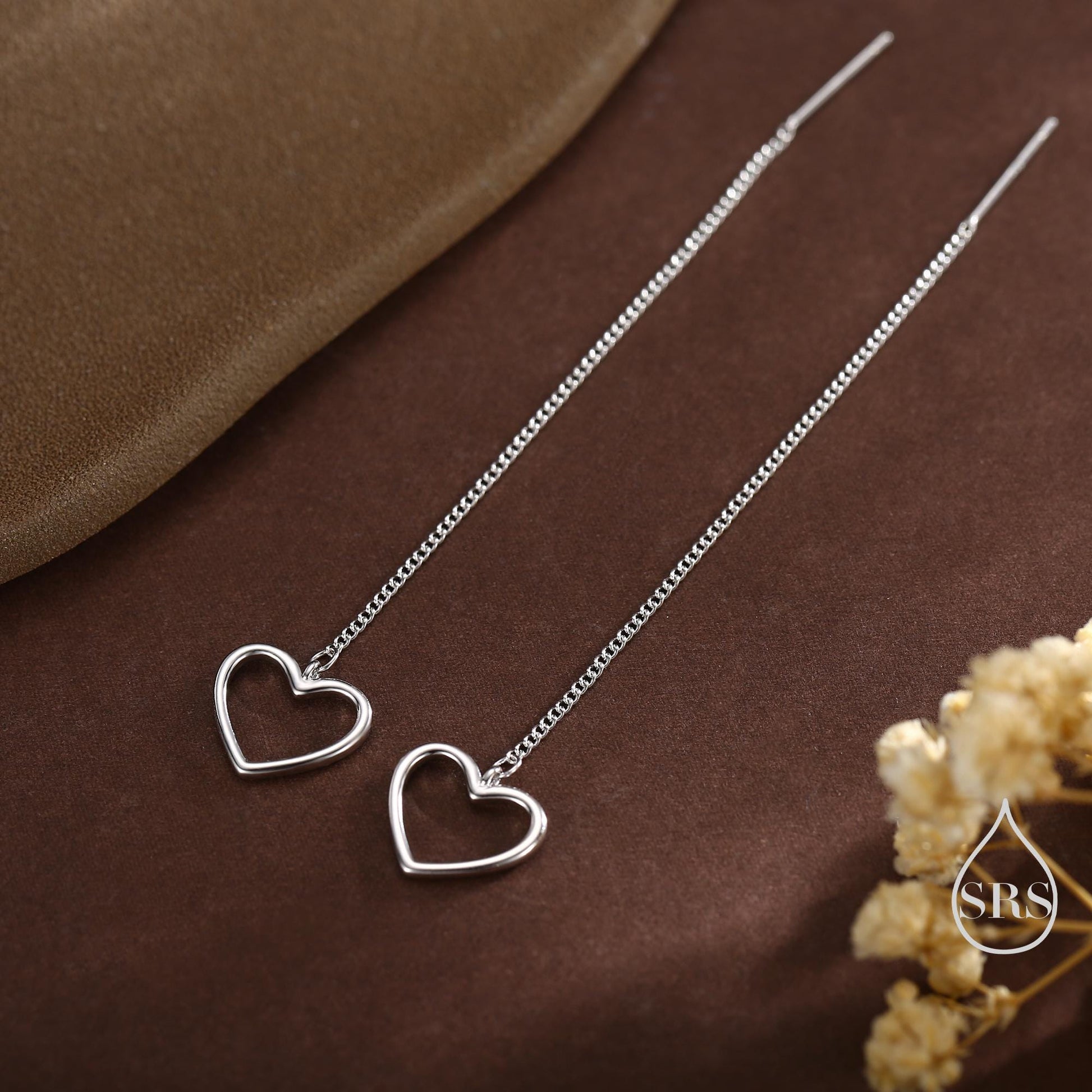 Open Heart Threader Earrings in Sterling Silver, Cutout Heart Ear Threaders, Silver, Gold or Rose Gold, Short Ear Threaders