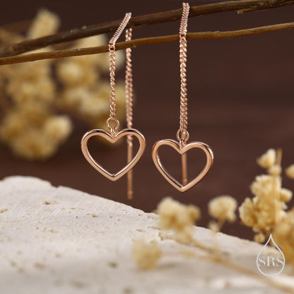 Open Heart Threader Earrings in Sterling Silver, Cutout Heart Ear Threaders, Silver, Gold or Rose Gold, Short Ear Threaders