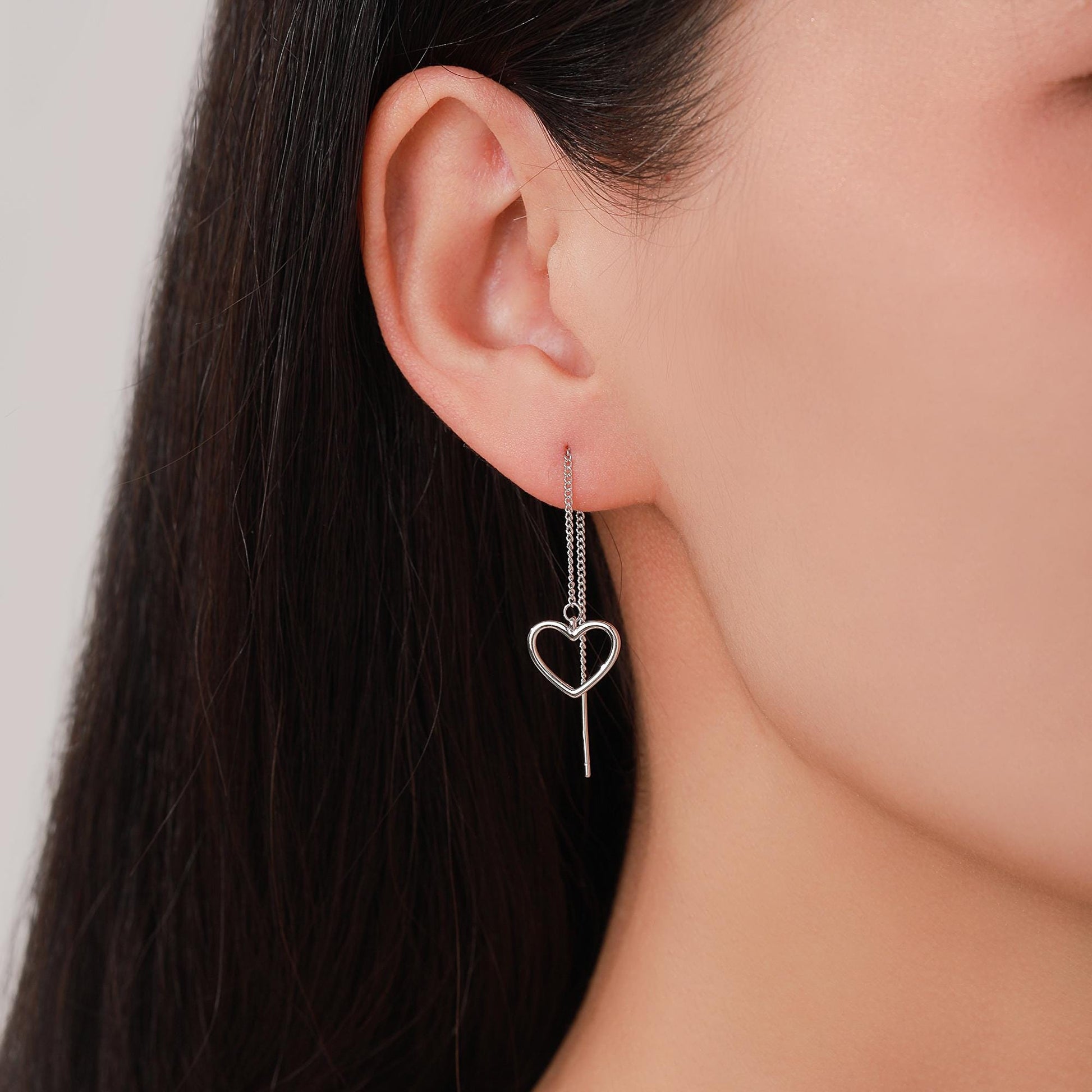 Open Heart Threader Earrings in Sterling Silver, Cutout Heart Ear Threaders, Silver, Gold or Rose Gold, Short Ear Threaders