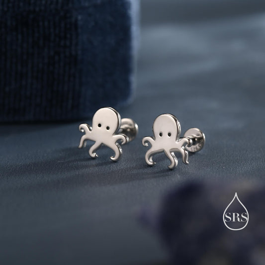 Octopus Internally Threaded Flat Back / Stud Earrings Earrings in Sterling Silver, Silver, Gold or Rose Gold, Animal Fish Earrings