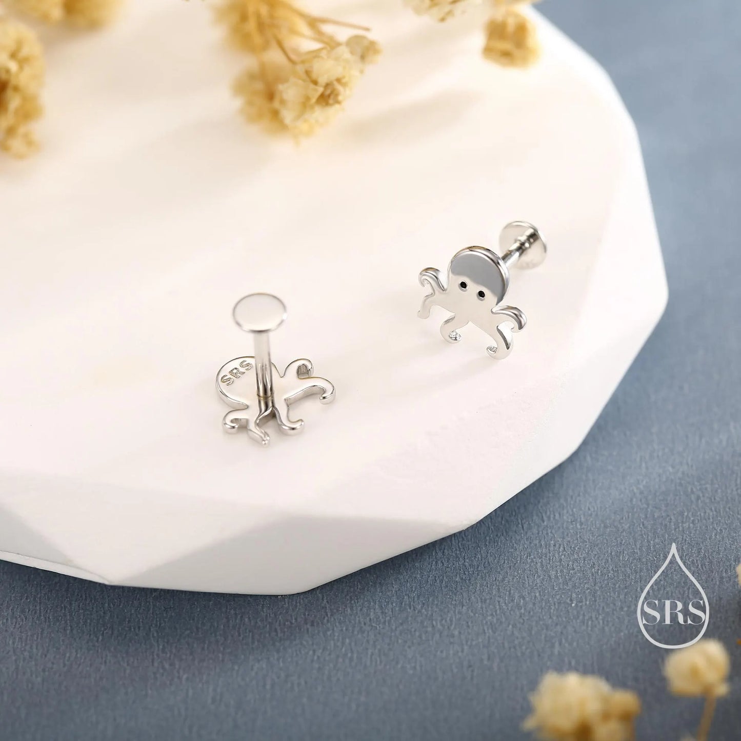 Tiny Octopus Stud Earrings/Flat Back Earrings in Sterling Silver, Silver, Gold or Rose Gold, Animal Earrings - Ocean Fish Earrings