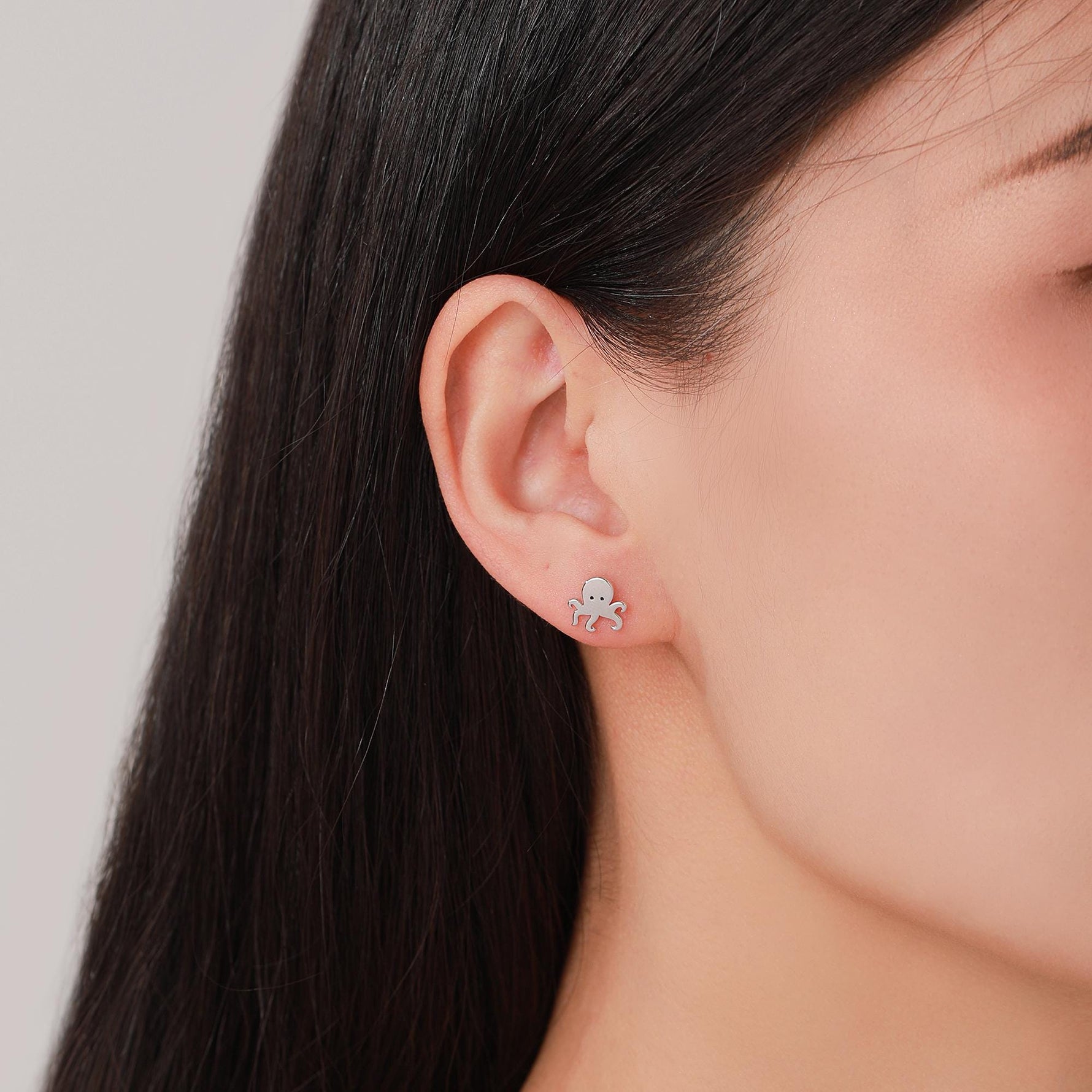Tiny Octopus 16G Internally Threaded Flat Back Earrings in Sterling Silver, Animal Earrings