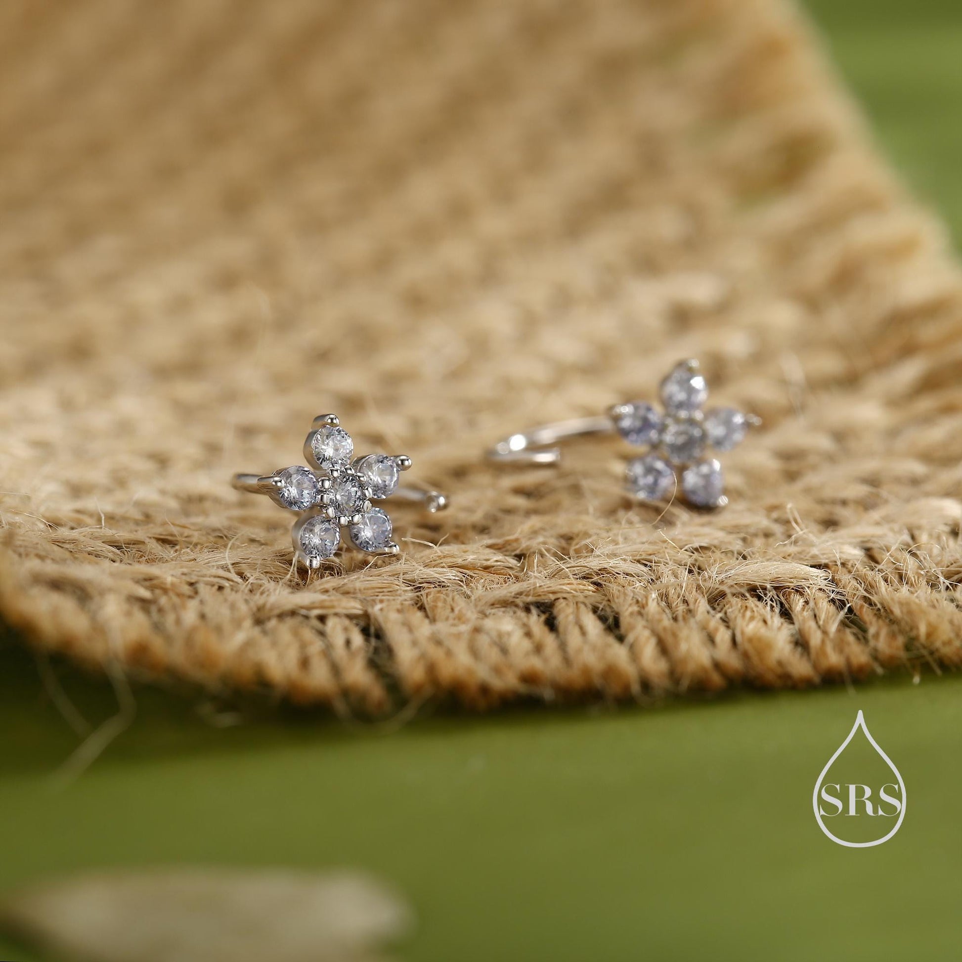 CZ Flower Huggie Hoop Earrings in Sterling Silver, Gold or Silver, CZ Flower Threader Hoop Earrings, Pull Through, C Shape