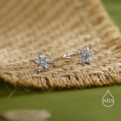 CZ Flower Huggie Hoop Earrings in Sterling Silver, Gold or Silver, CZ Flower Threader Hoop Earrings, Pull Through, C Shape