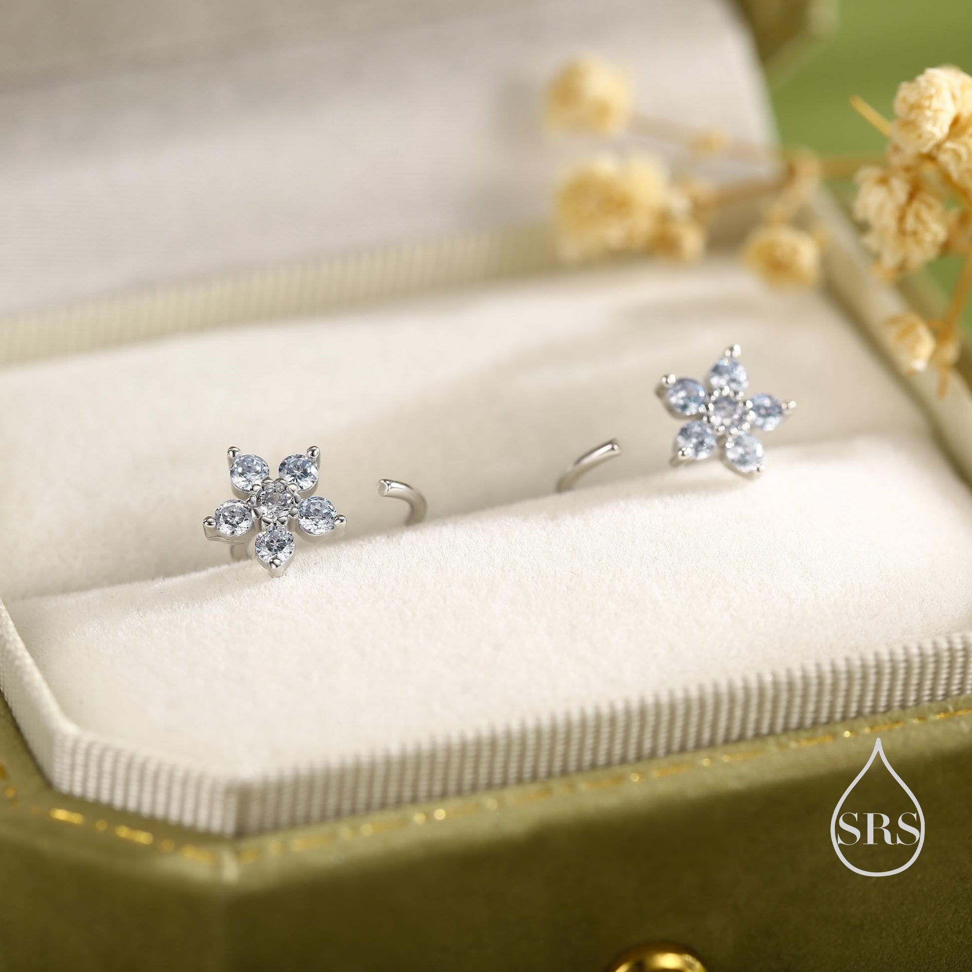 CZ Flower Huggie Hoop Earrings in Sterling Silver, Gold or Silver, CZ Flower Threader Hoop Earrings, Pull Through, C Shape