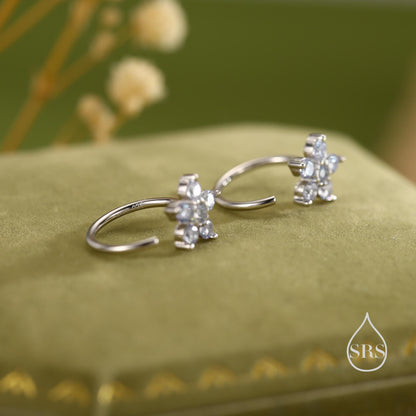 CZ Flower Huggie Hoop Earrings in Sterling Silver, Gold or Silver, CZ Flower Threader Hoop Earrings, Pull Through, C Shape