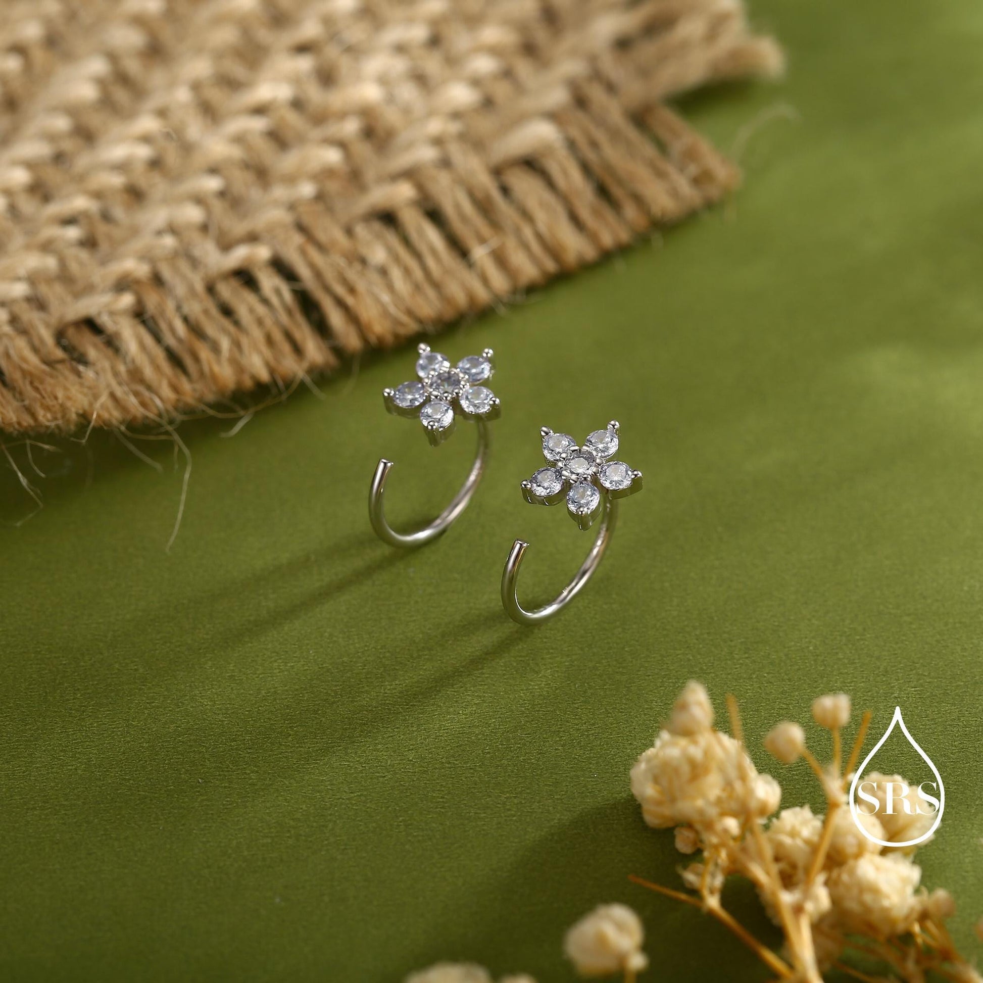 CZ Flower Huggie Hoop Earrings in Sterling Silver, Gold or Silver, CZ Flower Threader Hoop Earrings, Pull Through, C Shape