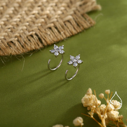 CZ Flower Huggie Hoop Earrings in Sterling Silver, Gold or Silver, CZ Flower Threader Hoop Earrings, Pull Through, C Shape