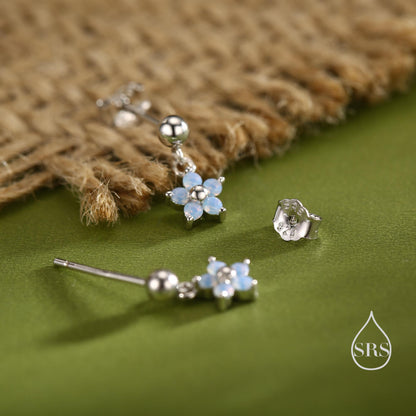 Sterling Silver Dainty CZ Flower Drop Stud Earrings, Opal Blue Dainty Dangle Daisy Flower Earrings, Silver Forget Me Not Tiny Earrings