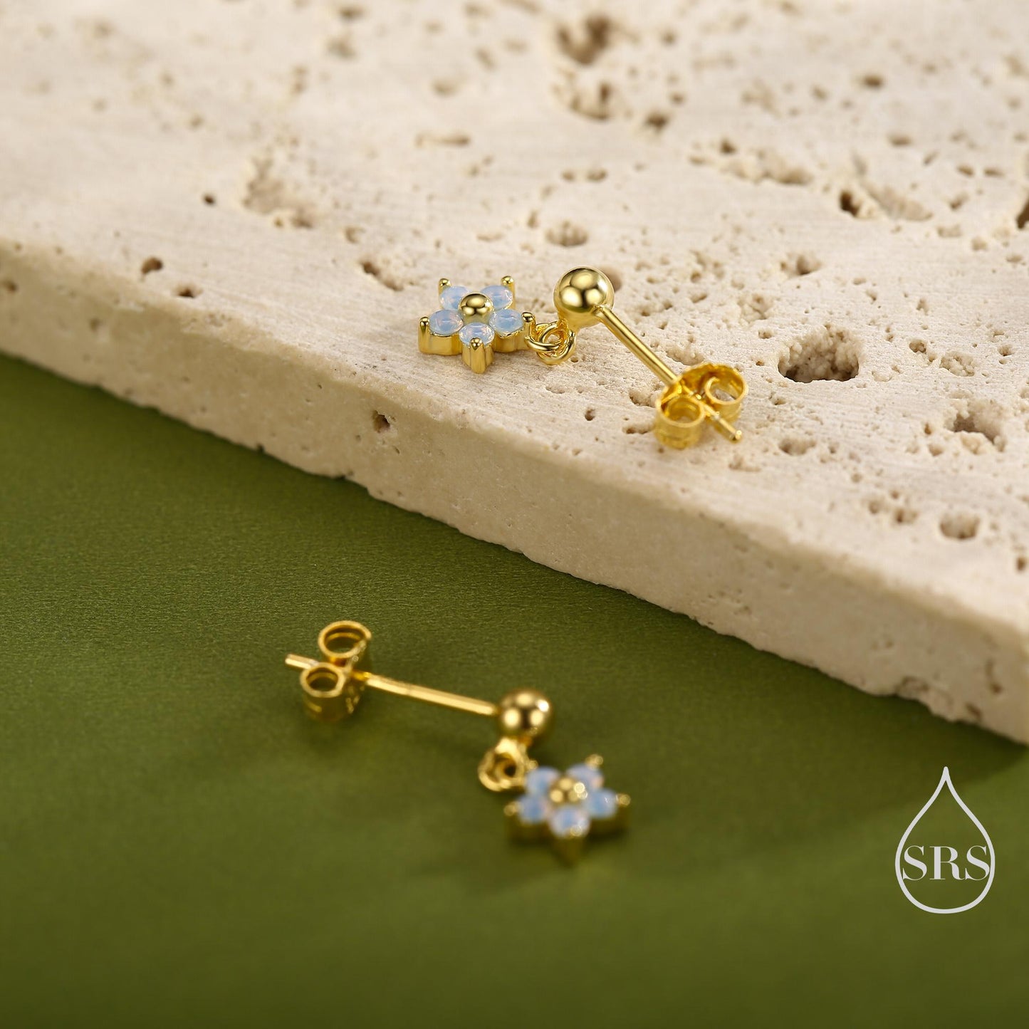 Sterling Silver Dainty CZ Flower Drop Stud Earrings, Opal Blue Dainty Dangle Daisy Flower Earrings, Silver Forget Me Not Tiny Earrings