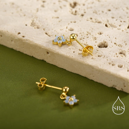 Sterling Silver Dainty CZ Flower Drop Stud Earrings, Opal Blue Dainty Dangle Daisy Flower Earrings, Silver Forget Me Not Tiny Earrings