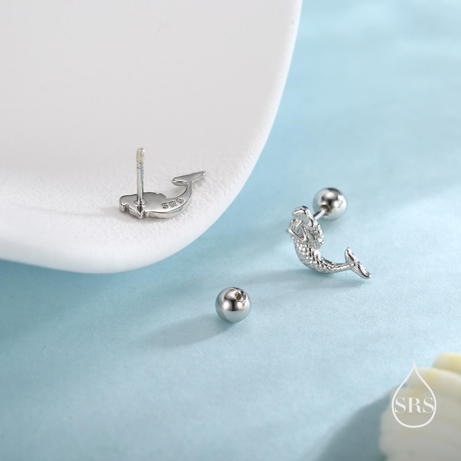 Tiny Mermaid Screw Back/ Flat Back / Stud Earrings in Sterling Silver, Silver or Gold or Rose Gold, Mermaid Fish Earrings, Fun and Dainty