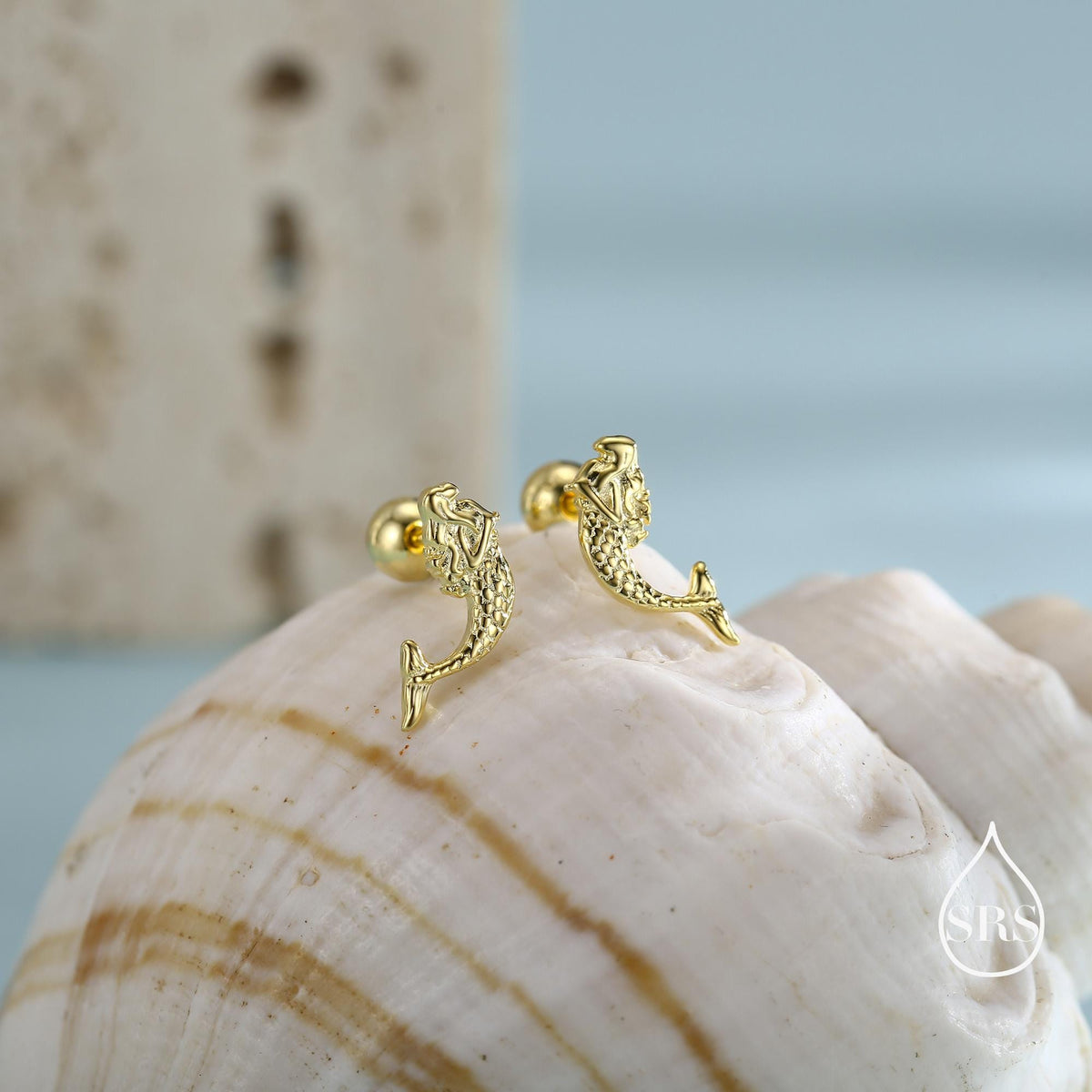 Tiny Mermaid Screw Back/ Flat Back / Stud Earrings in Sterling Silver, Silver or Gold or Rose Gold, Mermaid Fish Earrings, Fun and Dainty