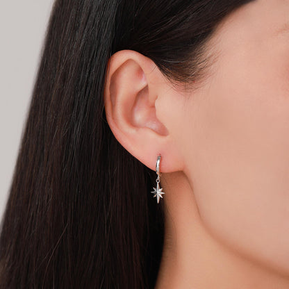 Asymmetric Starburst Huggie Hoop Earrings in Sterling Silver, Gold or Rose Gold, North Star Charm Earrings, Sunburst Earrings, Celestial