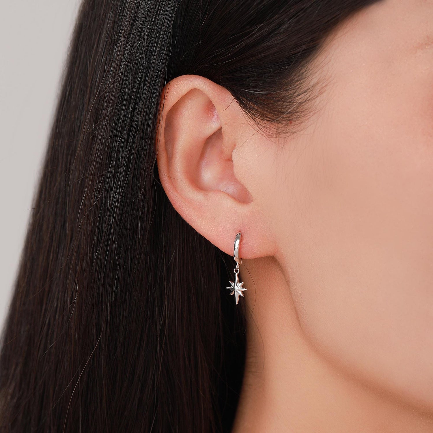Asymmetric Starburst Huggie Hoop Earrings in Sterling Silver, Gold or Rose Gold, North Star Charm Earrings, Sunburst Earrings, Celestial