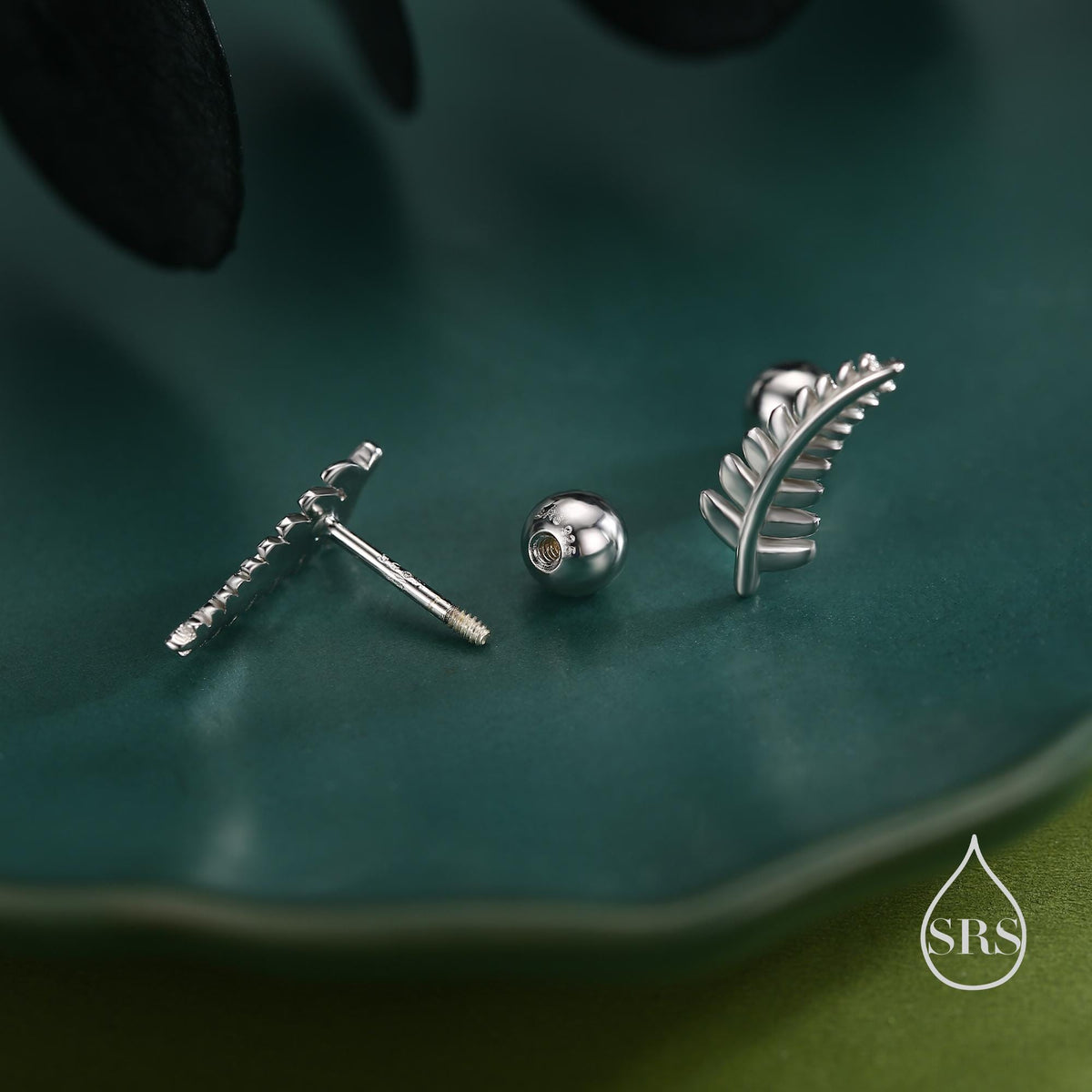 Little Fern Leaf 18G Screw Back Earrings in Sterling Silver
