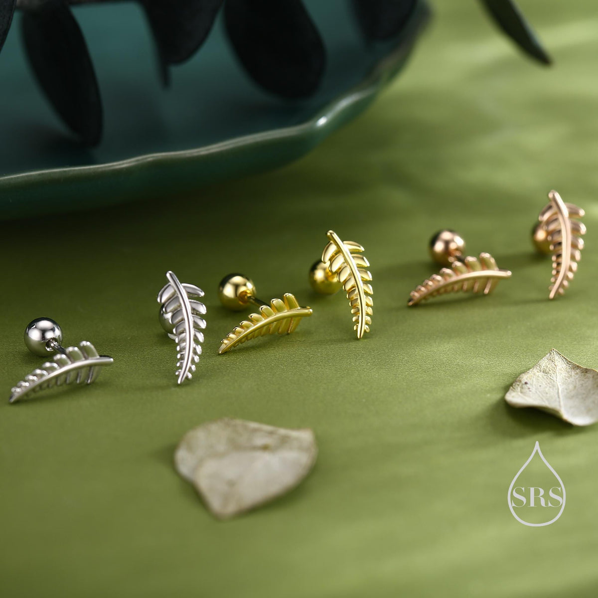 Little Fern Leaf 18G Screw Back Earrings in Sterling Silver