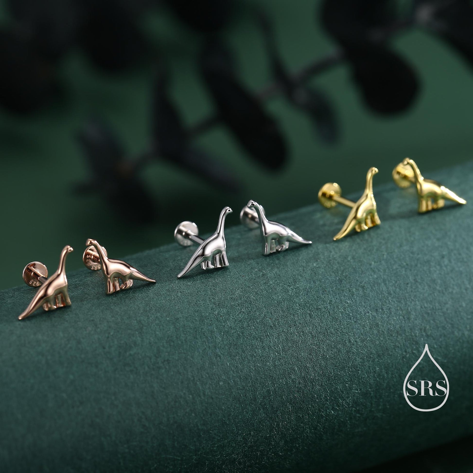 Dinosaur Internally Threaded Flat Back / Screw Back / Stud Earrings in Sterling Silver, Silver or Gold or Rose Gold, Brachiosaurus Earrings,