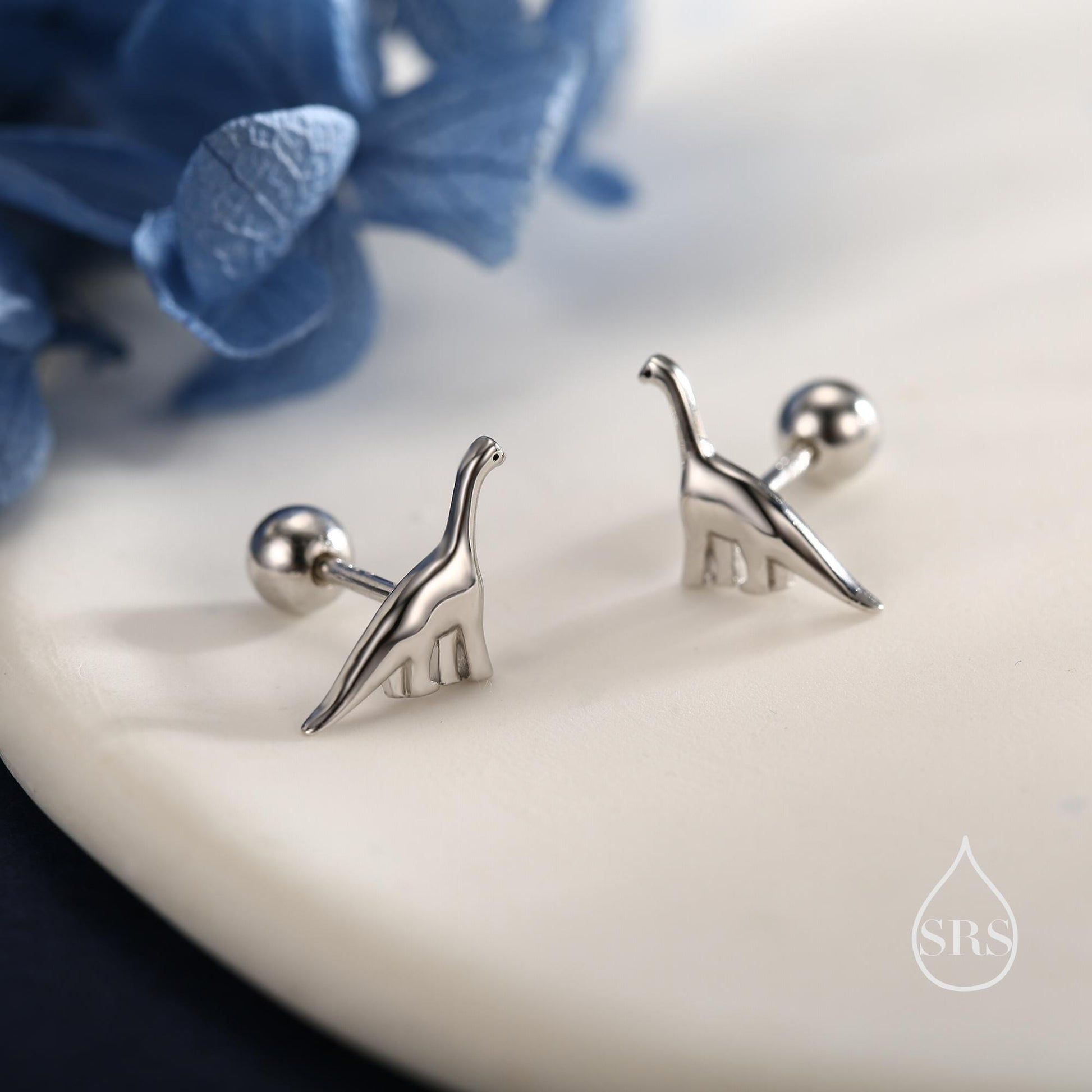 Dinosaur Internally Threaded Flat Back / Screw Back / Stud Earrings in Sterling Silver, Silver or Gold or Rose Gold, Brachiosaurus Earrings,